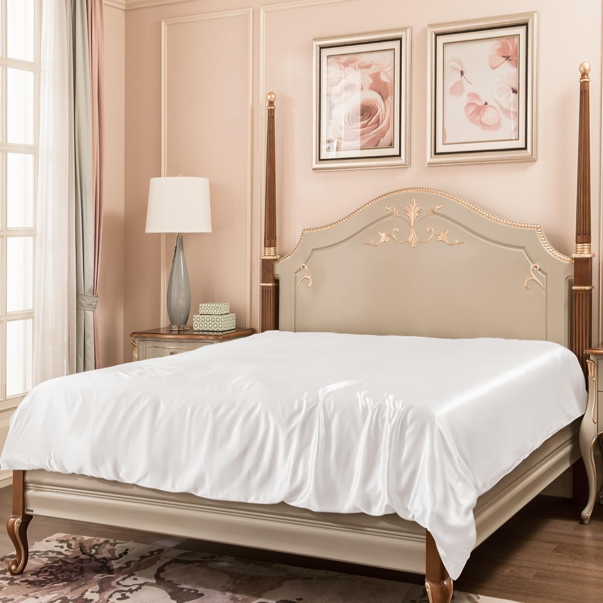 PROMEED 22 Momme Silk White Duvet Cover King, Highest Grade 6A Mulberry Silk Bedding Comforter/Quilt Cover with Zipper (White, King)