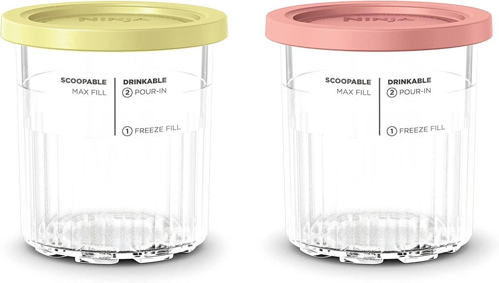 Ninja XSKPNTLD2 Creami Deluxe Pints-2 Pack, compatible with nc500 series creami deluxe ice cream makers, bpa-free & dishwasher safe, 16 oz, coral & yellow lids