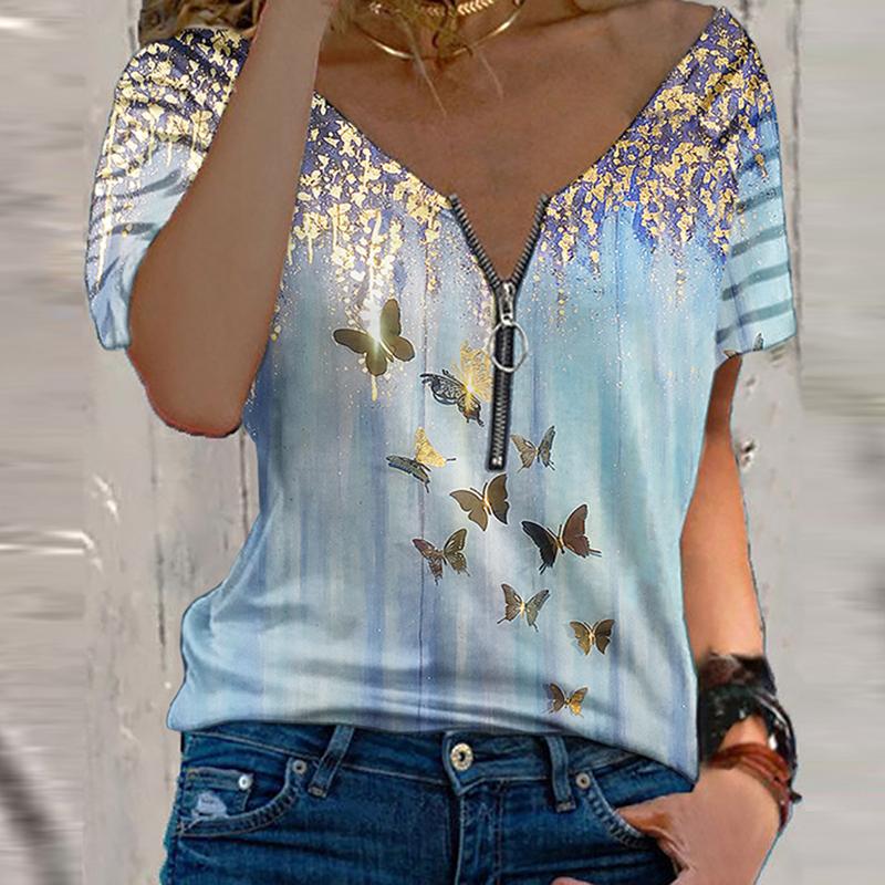Fashion zipper V-neck short-sleeved butterfly print top
