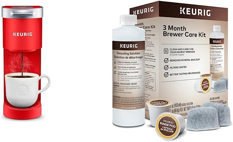 Keurig K-Mini Single Serve K-Cup Pod Coffee Maker, Poppy Red &amp; 3-Month Brewer Maintenance Kit Includes Descaling Solution, Water Filter Cartridges &amp; Rinse Pods, 7 Count