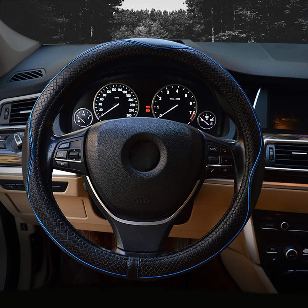 Valleycomfy Steering Wheel Covers Universal 15 inch - Genuine Leather, Breathable, Anti Slip &amp; Odor (Black with Blue Lines, M(14" 1/2-15" 1/4))