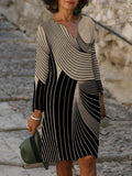 Casual Art Print Color Block V-neck Long Sleeve Midi Dress Women
