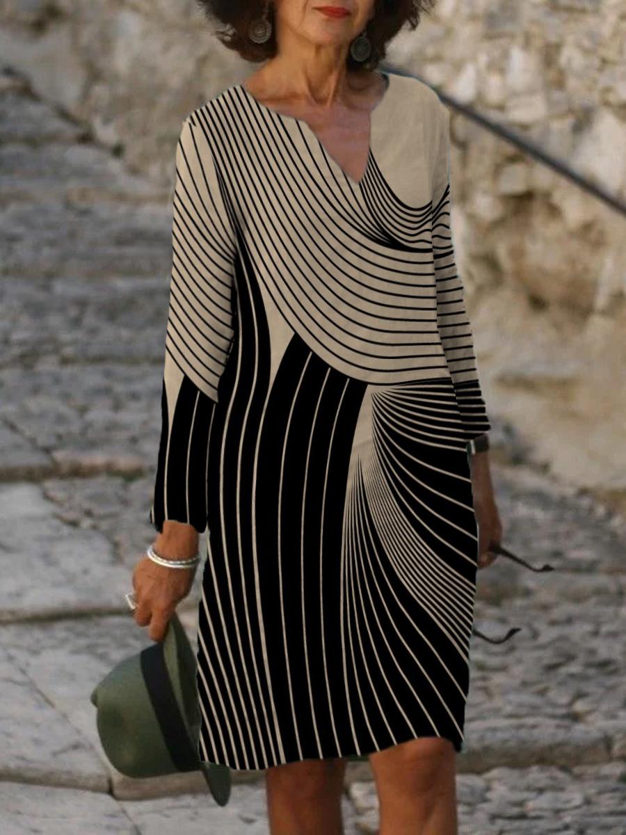 Casual Art Print Color Block V-neck Long Sleeve Midi Dress Women