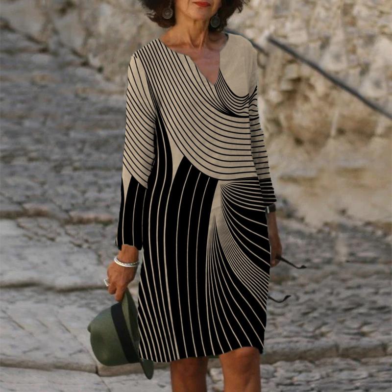 Casual Art Print Color Block V-neck Long Sleeve Midi Dress Women