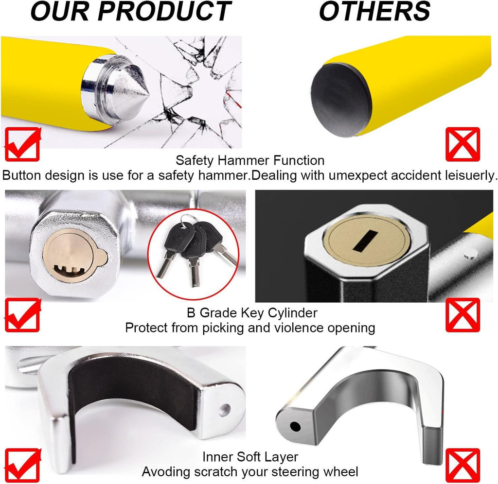 Tevlaphee Steering Wheel Lock Anti Theft Car Device Universal Car Theft Prevention Car Lock Adjustable Double Hook Emergency Hammer Window Breaker Self Defense Heavy Duty Secure (Yellow)