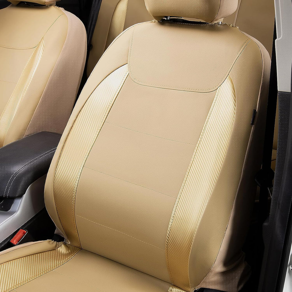 Flying Banner car seat Covers Protects Water Proof Faux Leather Carbon Fiber Front and Rear Bench (Gold Beige, Full Set)