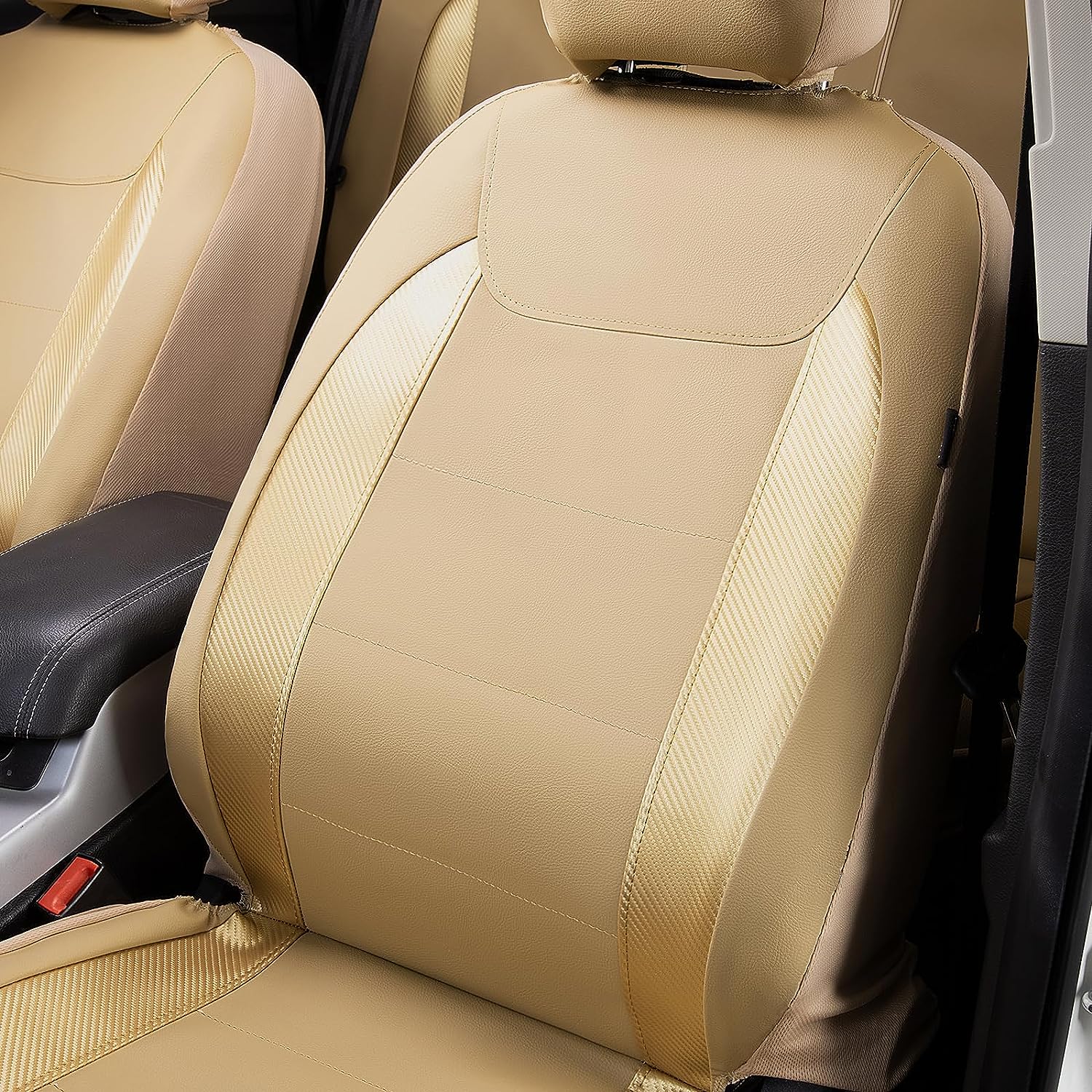 Flying Banner car seat Covers Protects Water Proof Faux Leather Carbon Fiber Front and Rear Bench (Gold Beige, Full Set)