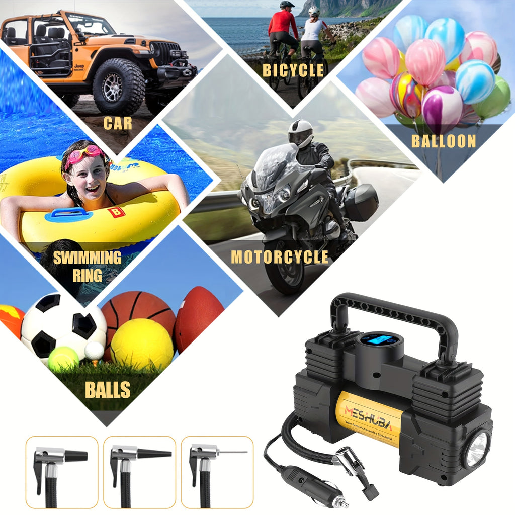 MESHUBA Tire Inflator 12V Portable Air Compressor, 150PSI Air Pump For Car Tires With Digital Pressure GauFor Car Bike Motor Ball, Yellow