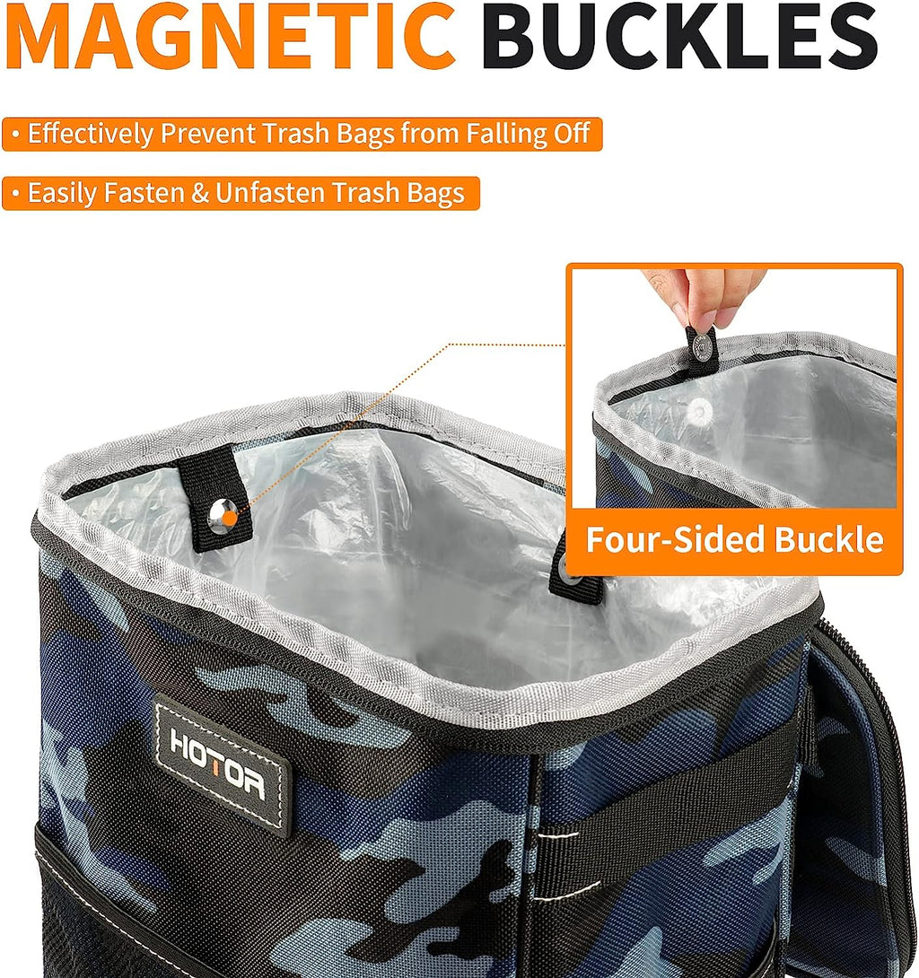 HOTOR Car Trash Can, Multifunctional Car Accessory for Interior Car Stuff Storage with Compact Design, Waterproof Car Organizer and Storage with Adjustable Straps, Magnetic Snaps (Camouflage Blue)