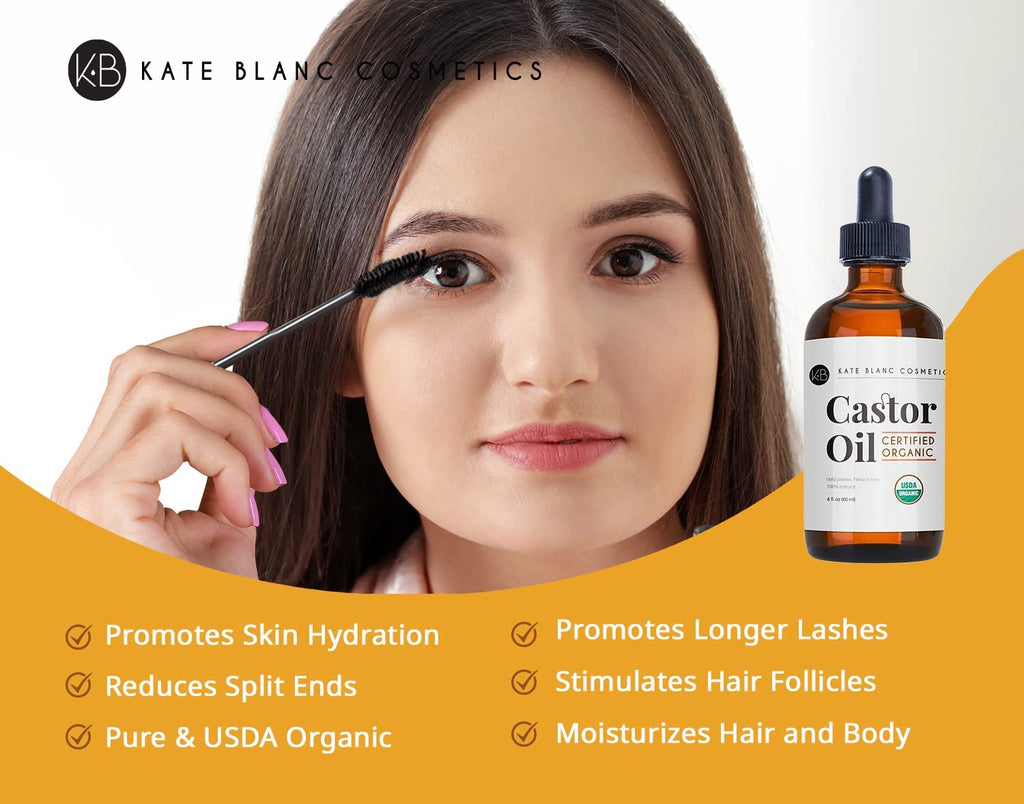 Organic Castor Oil (4oz), USDA Certified, 100% Pure, Cold Pressed, Hexane Free by Kate Blanc. Stimulate Growth for Eyelashes, Eyebrows, Hair. Skin Moisturizer &amp; Oil Cleanse with Starter Kit