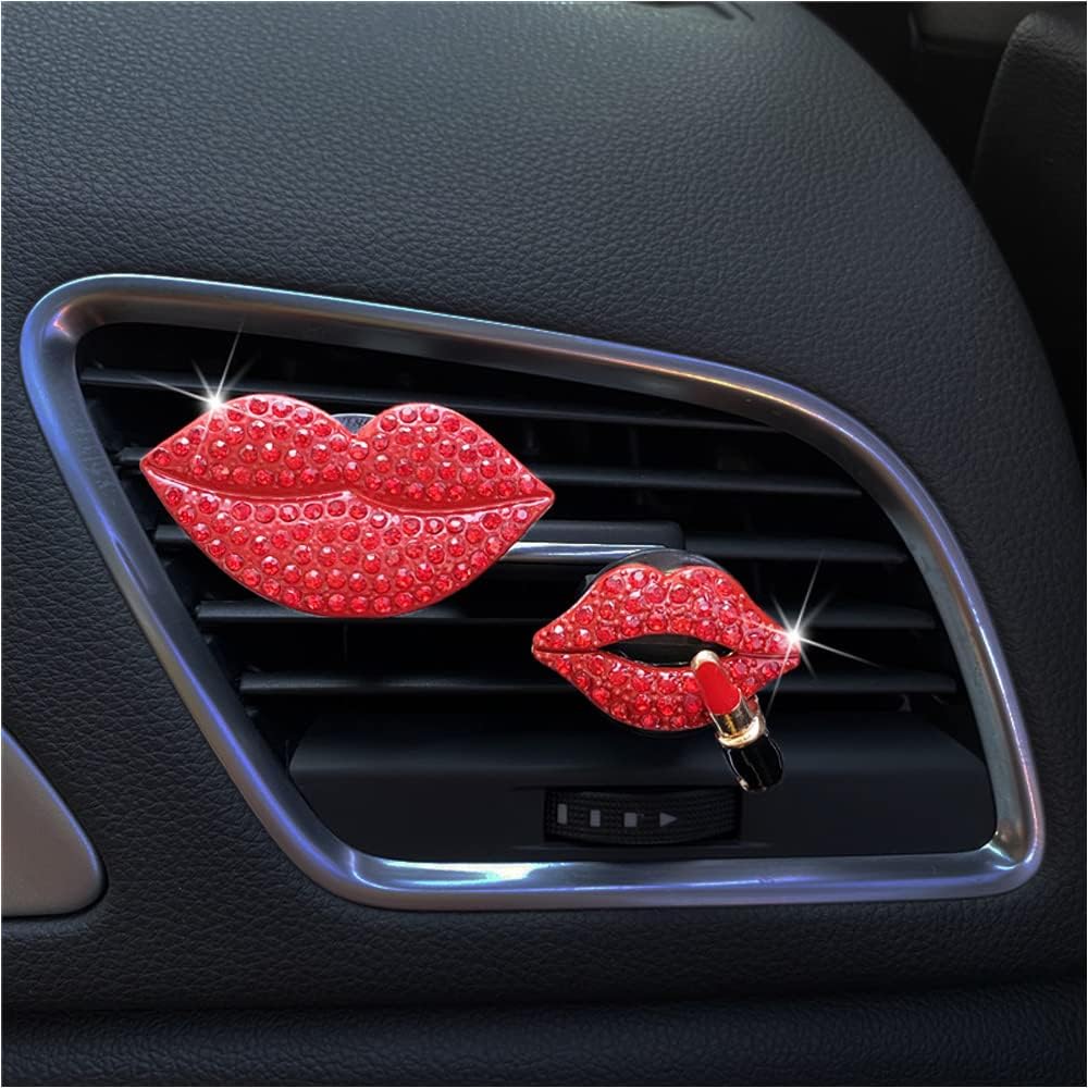 ZOSTLAND Rhinestone Car Decorative Clip,Car Air Fresheners, Lipstick Car Vent Clip,Personalized Automotive Interior Decoration Accessories,Car Decor Gift for women,Girl (2pcs Red Lip)