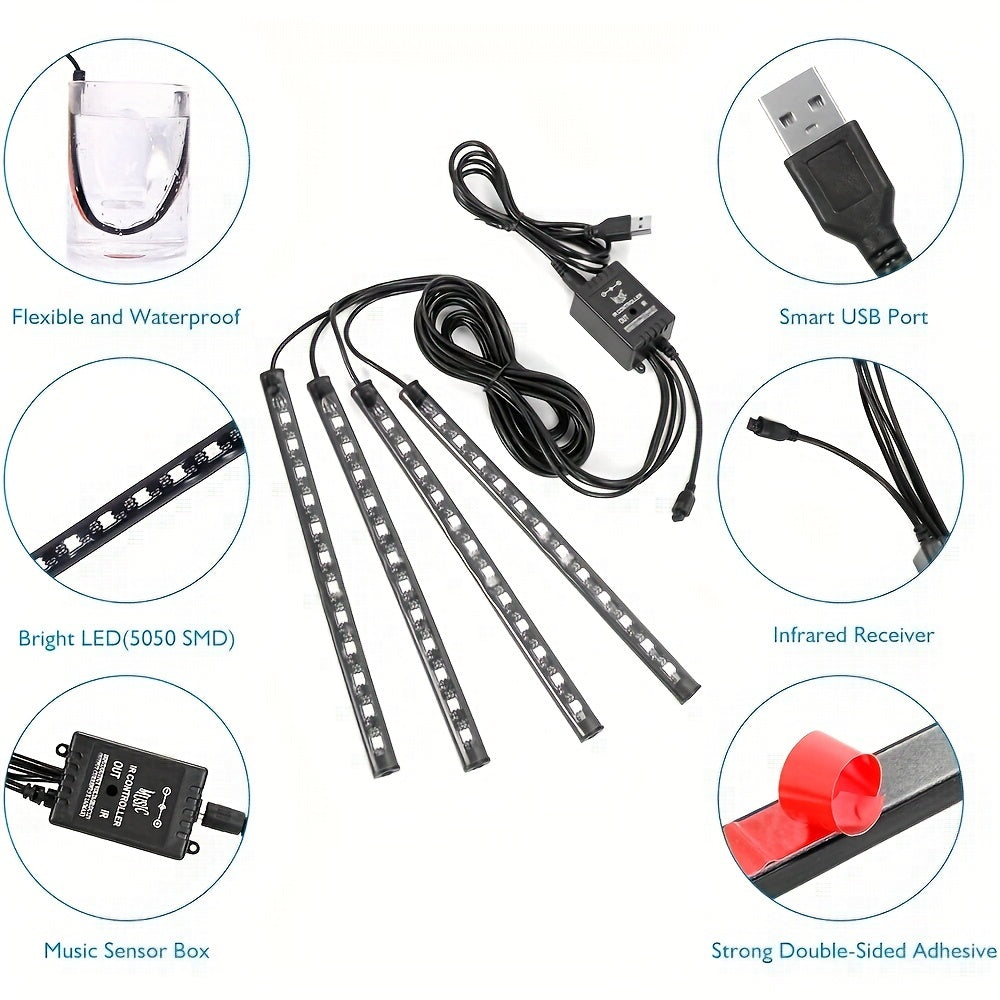 Neon LED Car Interior Ambient Foot Strip Light Kit Accessories Backlight Remote App Remote No Battery Music Control Auto RGB Decorative Lamps