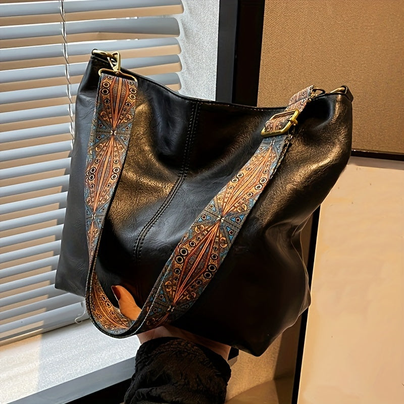 Geometric Strap Hobo Bag, LarCapacity Crossbody Bag, Women's Retro Style Shoulder Bag