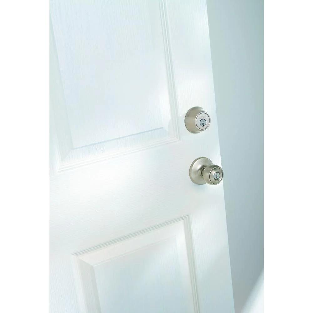 Polo Satin Nickel Entry Door Knob and Single Cylinder Deadbolt Combo Pack with Microban Antimicrobial Technology