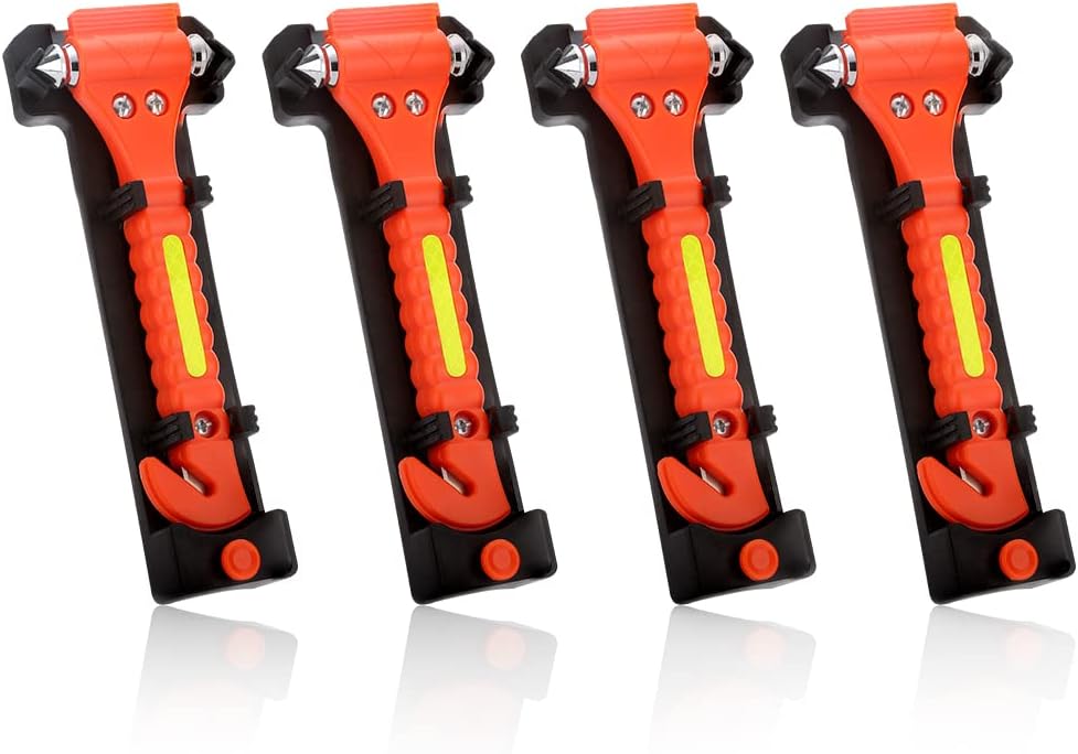 SINSEN Car Safety Hammer, Window Glass Hammer Breaker and Seat Belt Cutter Emergency Escape Tool Auto Car Escape 2-in-1 for Family Rescue &amp; Automotive Escape Tools, Reflective Tape, Set of 4 (T-04)