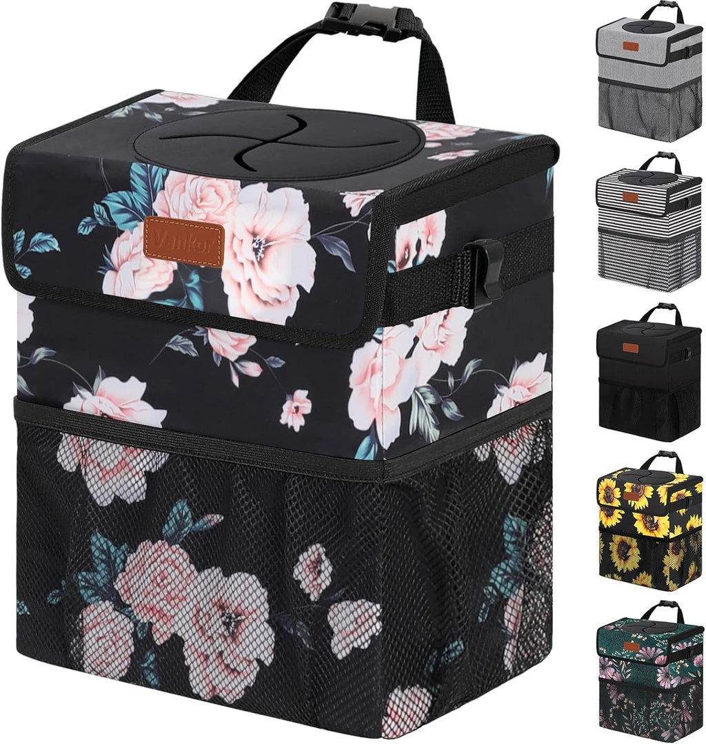 Vankor Car Trash Can for Car Cute, Car Trash Bag Bin Hanging Waterproof Automotive Car Garbage Cans Leak Proof Vehicle Trash Can Black Floral