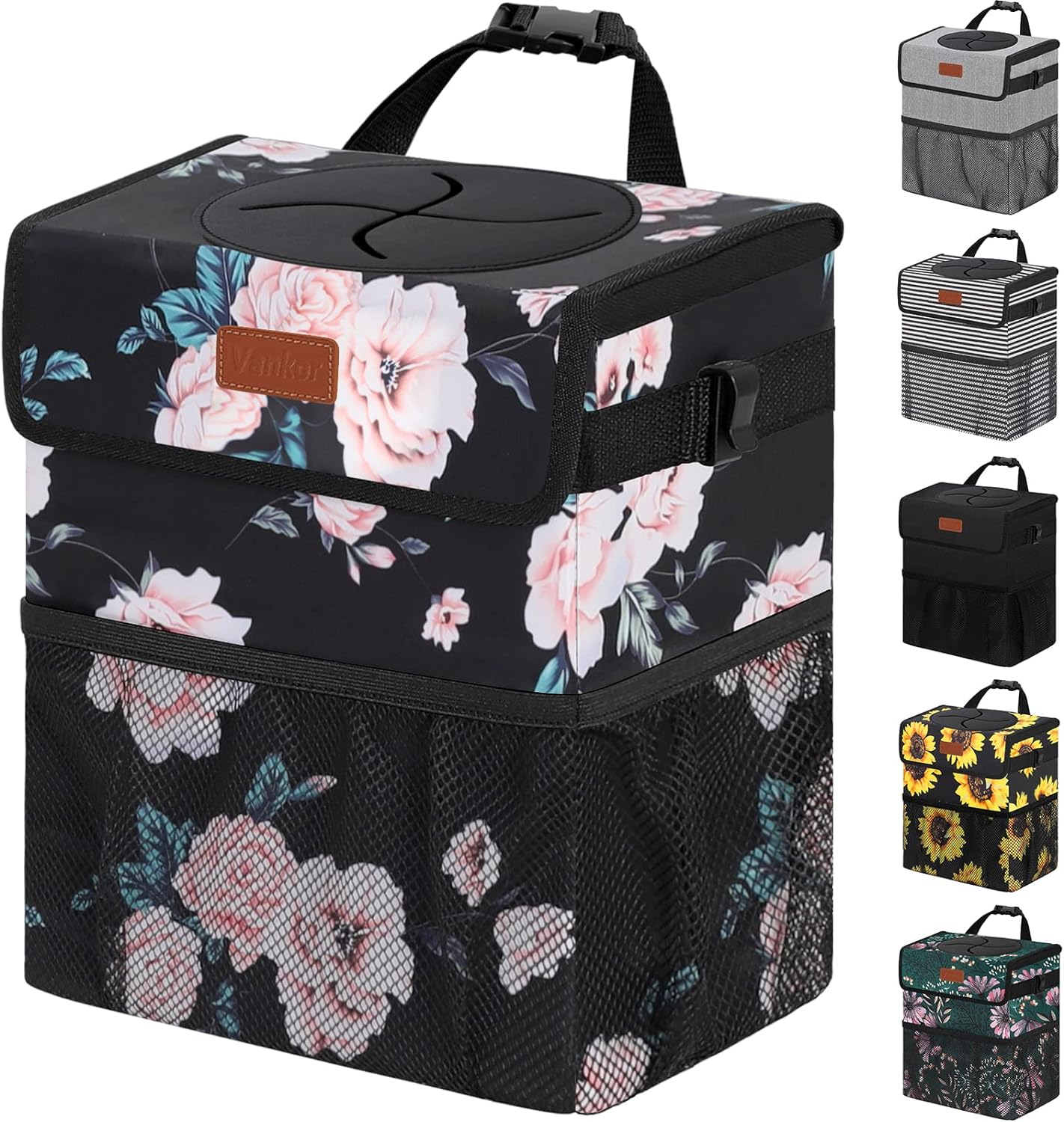 Vankor Car Trash Can for Car Cute, Car Trash Bag Bin Hanging Waterproof Automotive Car Garbage Cans Leak Proof Vehicle Trash Can Black Floral