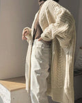 winter collarless solid cable knitted cardigan loose long coat