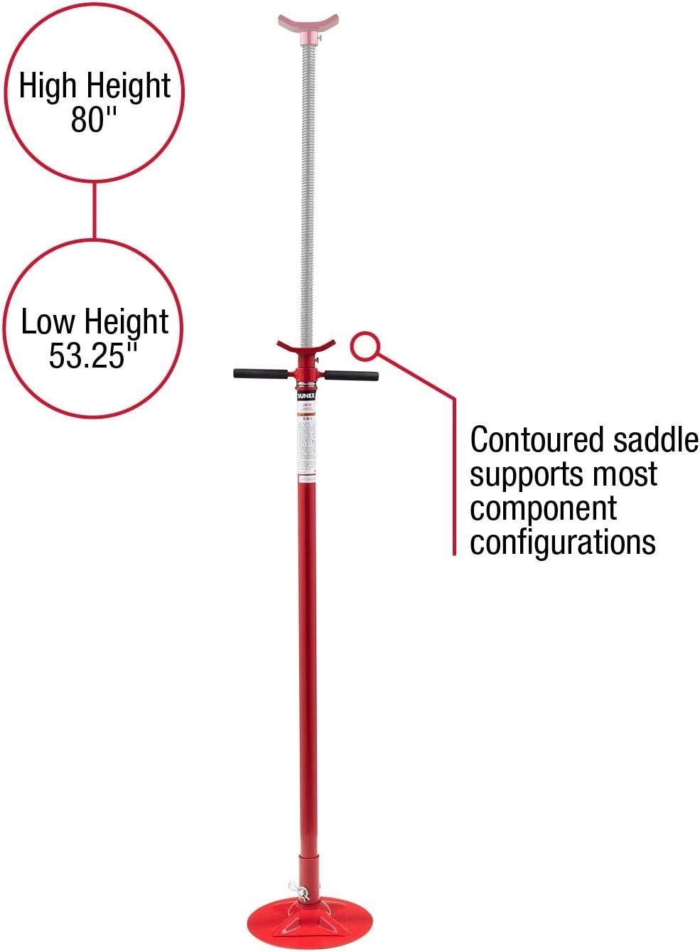Sunex 6809A, Underhoist Support Stand, ¾ Ton Capacity, 12 Inch Diameter Base, Contoured Saddle, Bearing Mounted Spin Handle, Self-LocACME Threaded Screw, Supports Vehicle Components