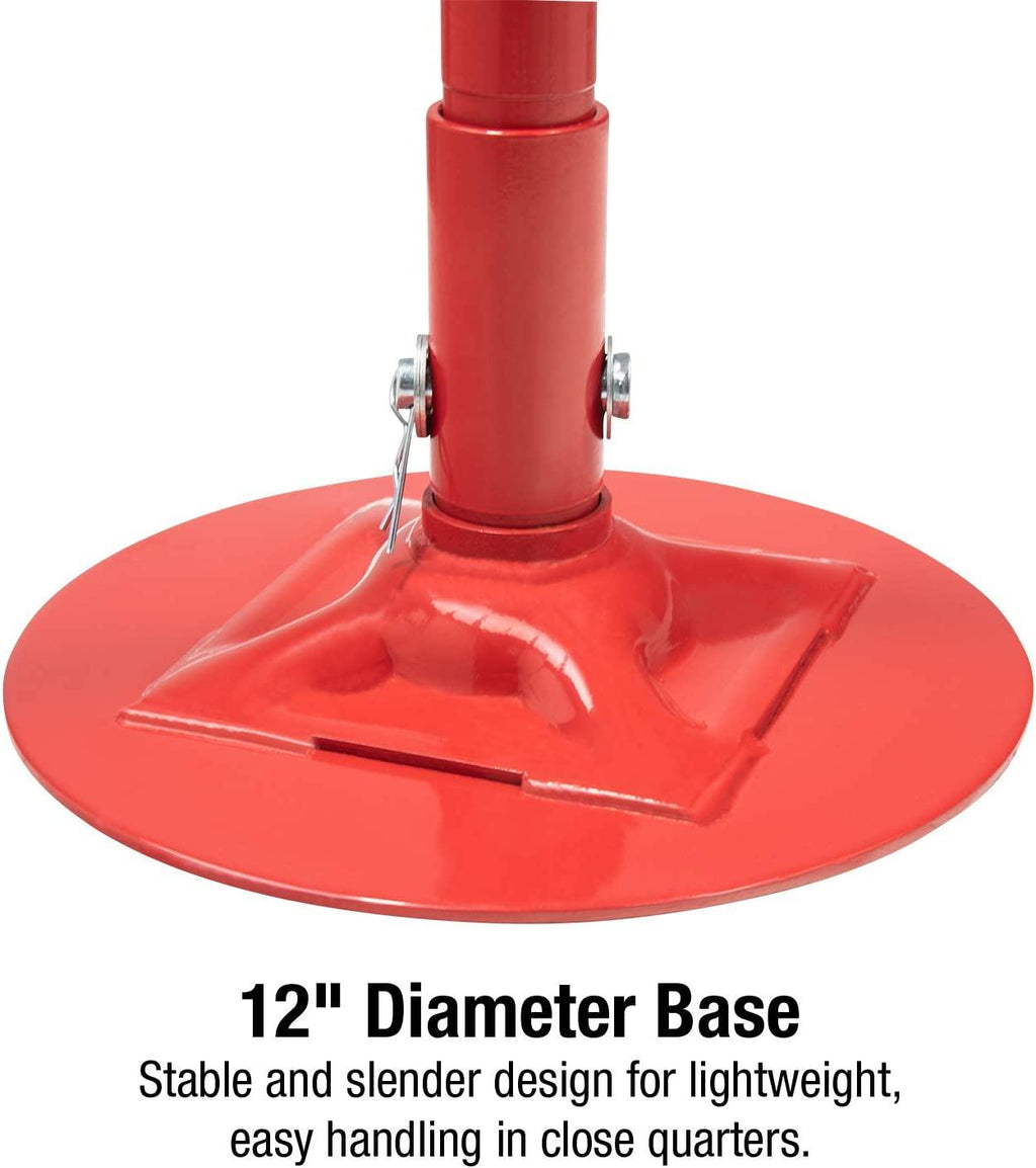 Sunex 6809A, Underhoist Support Stand, ¾ Ton Capacity, 12 Inch Diameter Base, Contoured Saddle, Bearing Mounted Spin Handle, Self-LocACME Threaded Screw, Supports Vehicle Components