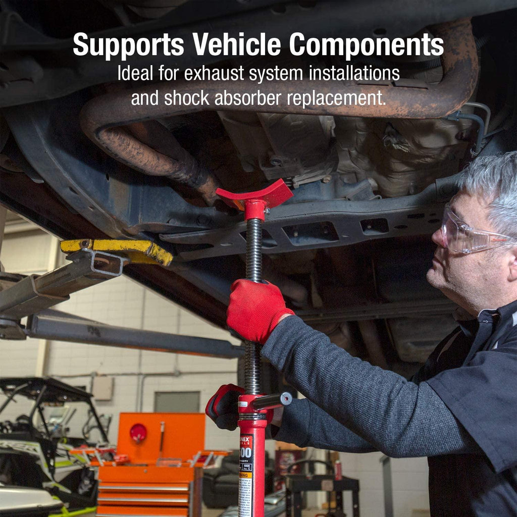 Sunex 6809A, Underhoist Support Stand, ¾ Ton Capacity, 12 Inch Diameter Base, Contoured Saddle, Bearing Mounted Spin Handle, Self-LocACME Threaded Screw, Supports Vehicle Components