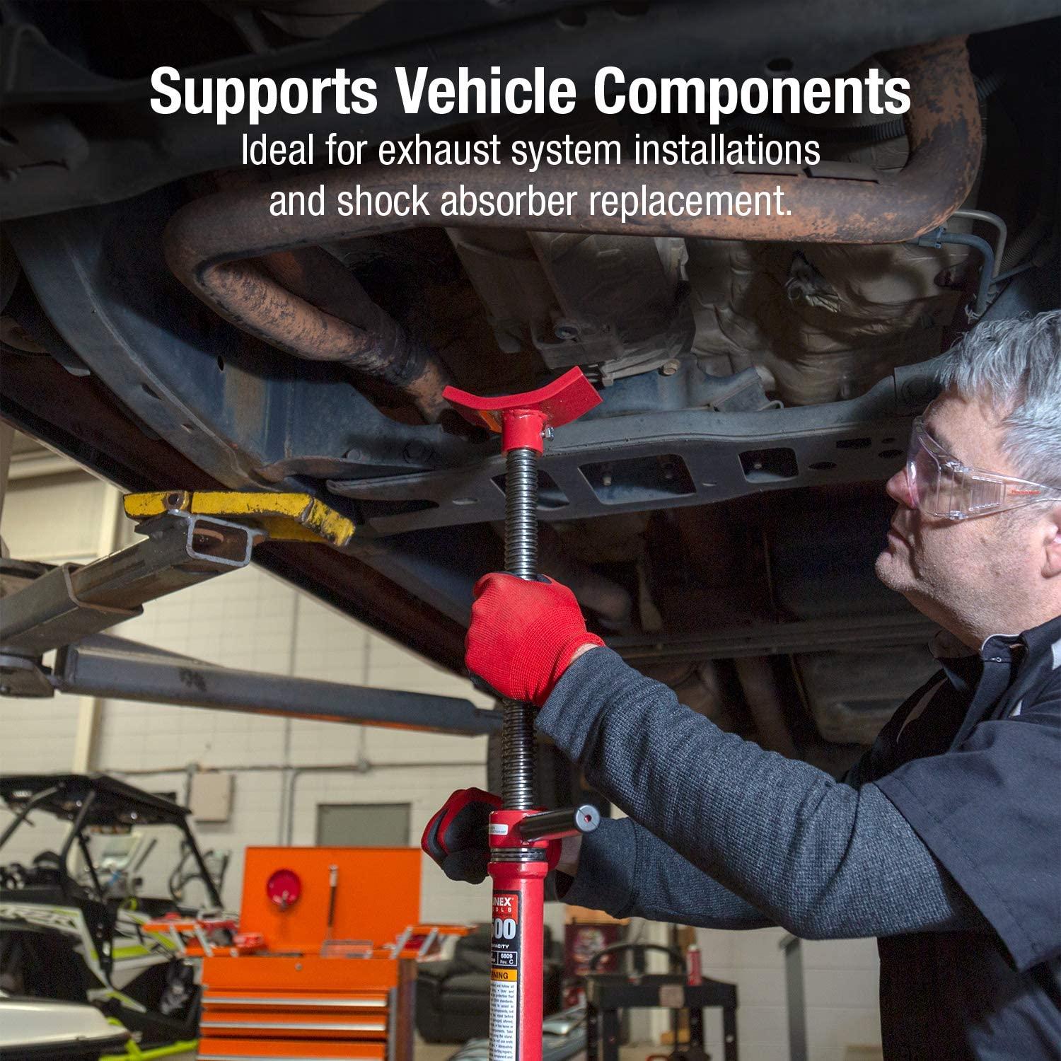 Sunex 6809A, Underhoist Support Stand, ¾ Ton Capacity, 12 Inch Diameter Base, Contoured Saddle, Bearing Mounted Spin Handle, Self-LocACME Threaded Screw, Supports Vehicle Components