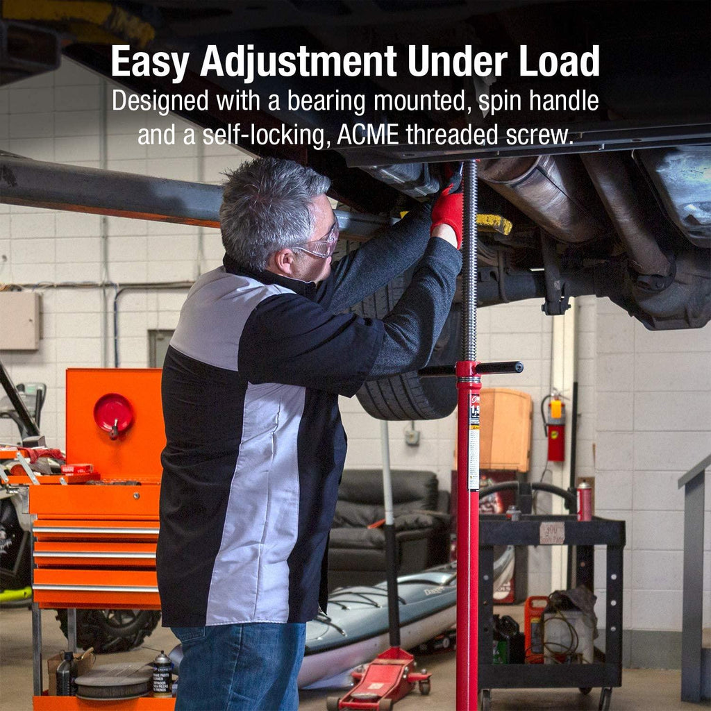 Sunex 6809A, Underhoist Support Stand, ¾ Ton Capacity, 12 Inch Diameter Base, Contoured Saddle, Bearing Mounted Spin Handle, Self-LocACME Threaded Screw, Supports Vehicle Components