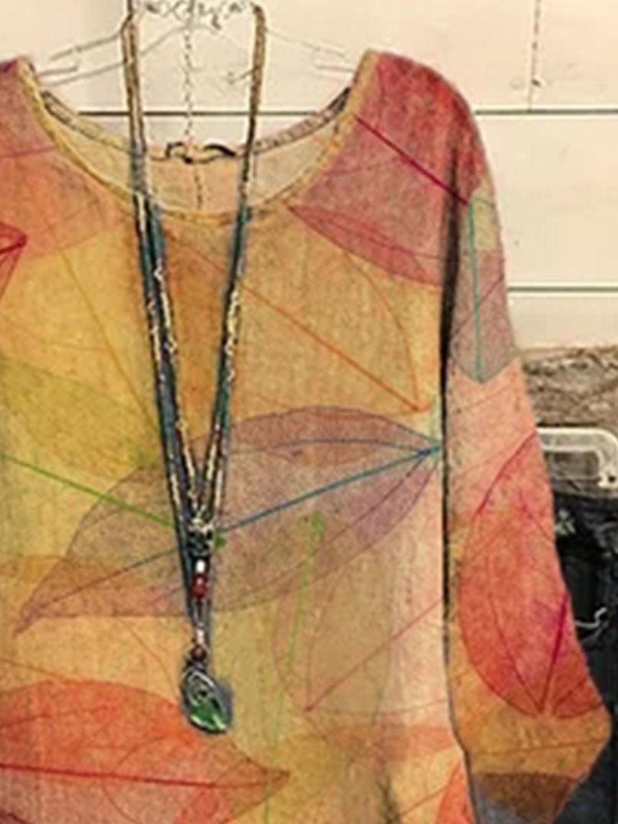 Fashion Leaf Print Round Neck Long Sleeve Casual Blouse