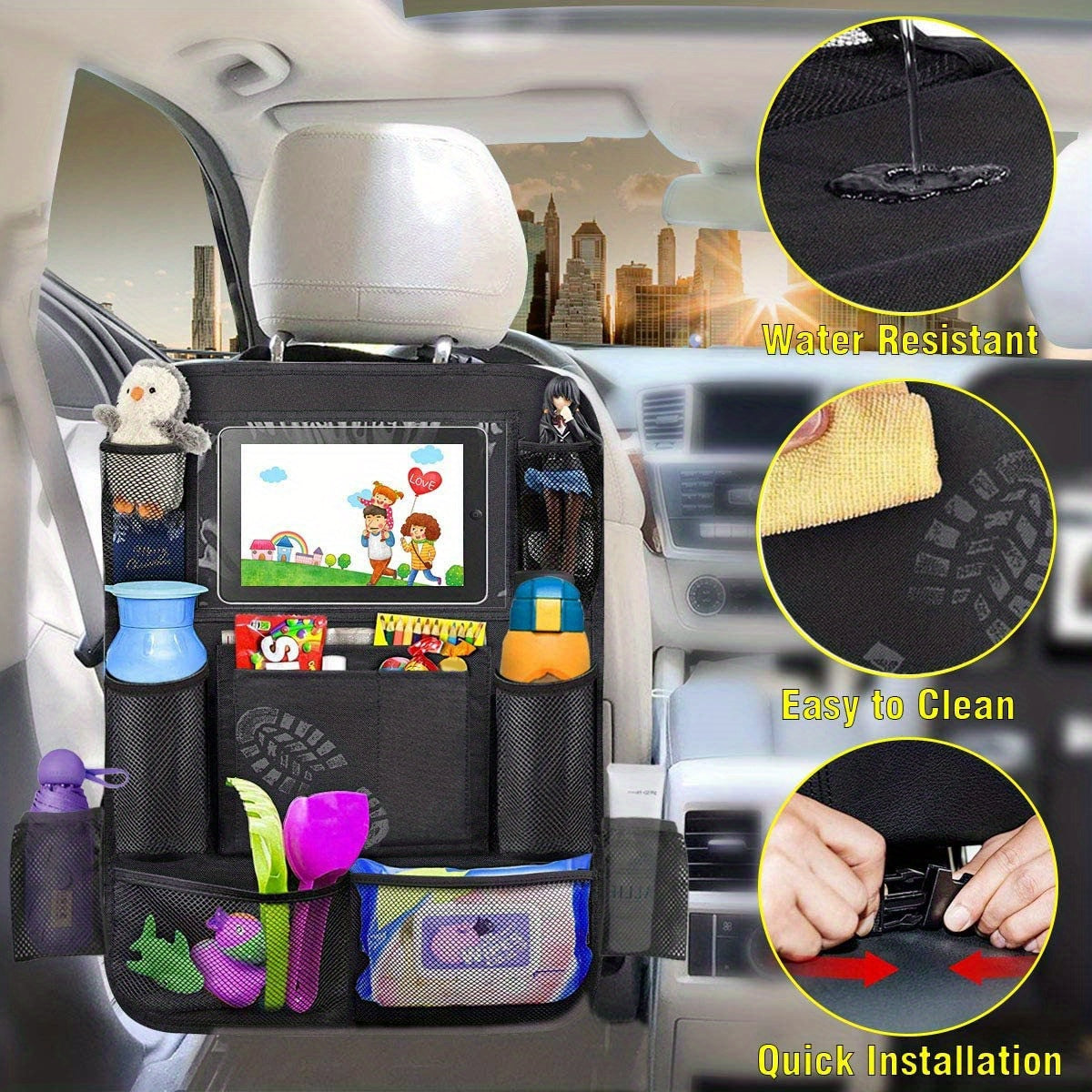 Car Seat Back StoraBag, Waterproof Durable Car Seat Organizer With Clear Screen Tablet Holder, 12 StoraPockets Seat Back Protectors