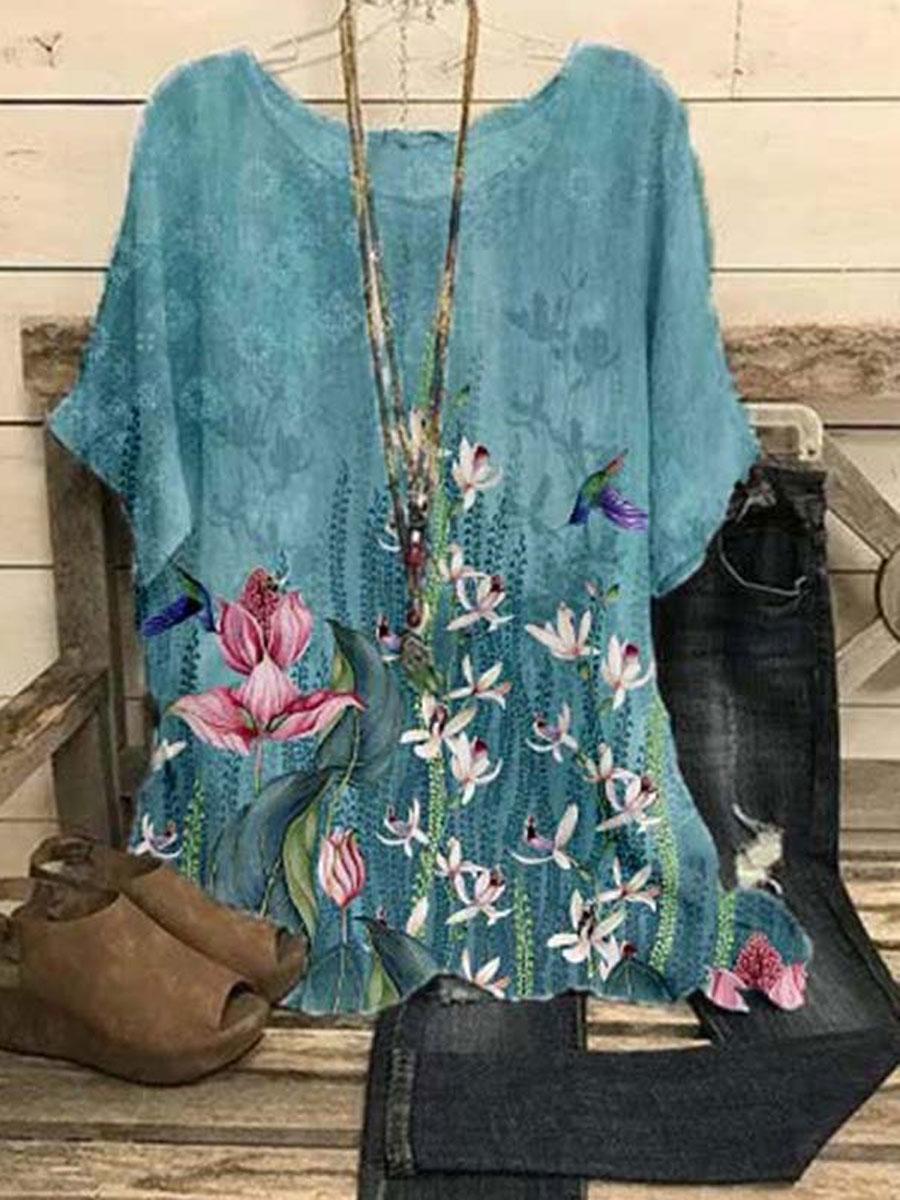 Round Neck Printed Loose Casual Short-sleeved Blouse