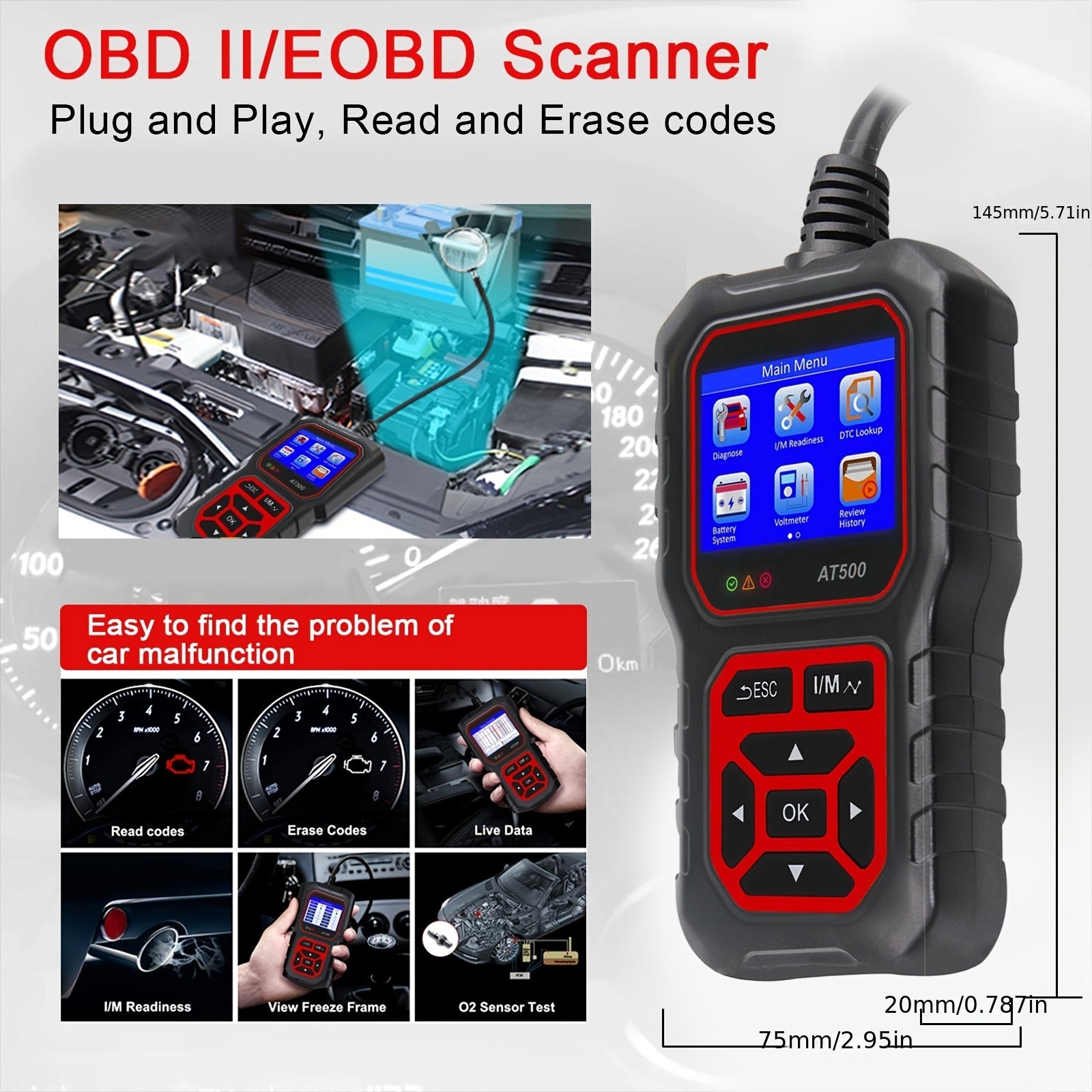 Car Code Reader, OBD2 Car Code Scanner VoltaTester Engine Fault Code Scanner CranAnd Charging Tester Diagnostic Tool For OBDII Protocol Cars