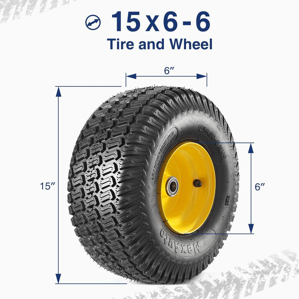 MaxAuto 2 Pcs Lawn Mower Tires 15x6.00-6 with Wheel for Riding Mowers, 3" Offset Hub Long with 3/4" bearings(WILL NOT FIT ON TRAILERS)