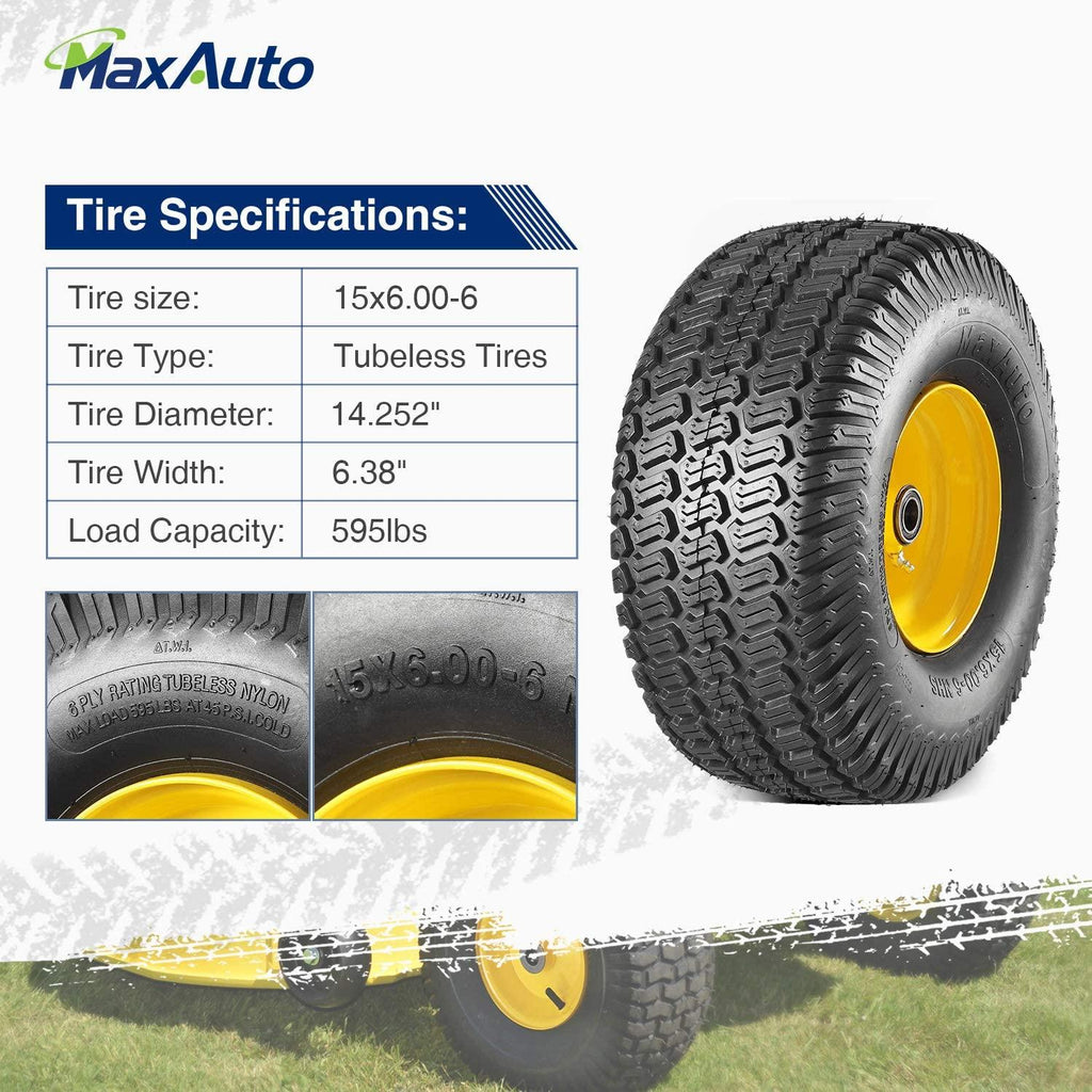MaxAuto 2 Pcs Lawn Mower Tires 15x6.00-6 with Wheel for Riding Mowers, 3" Offset Hub Long with 3/4" bearings(WILL NOT FIT ON TRAILERS)
