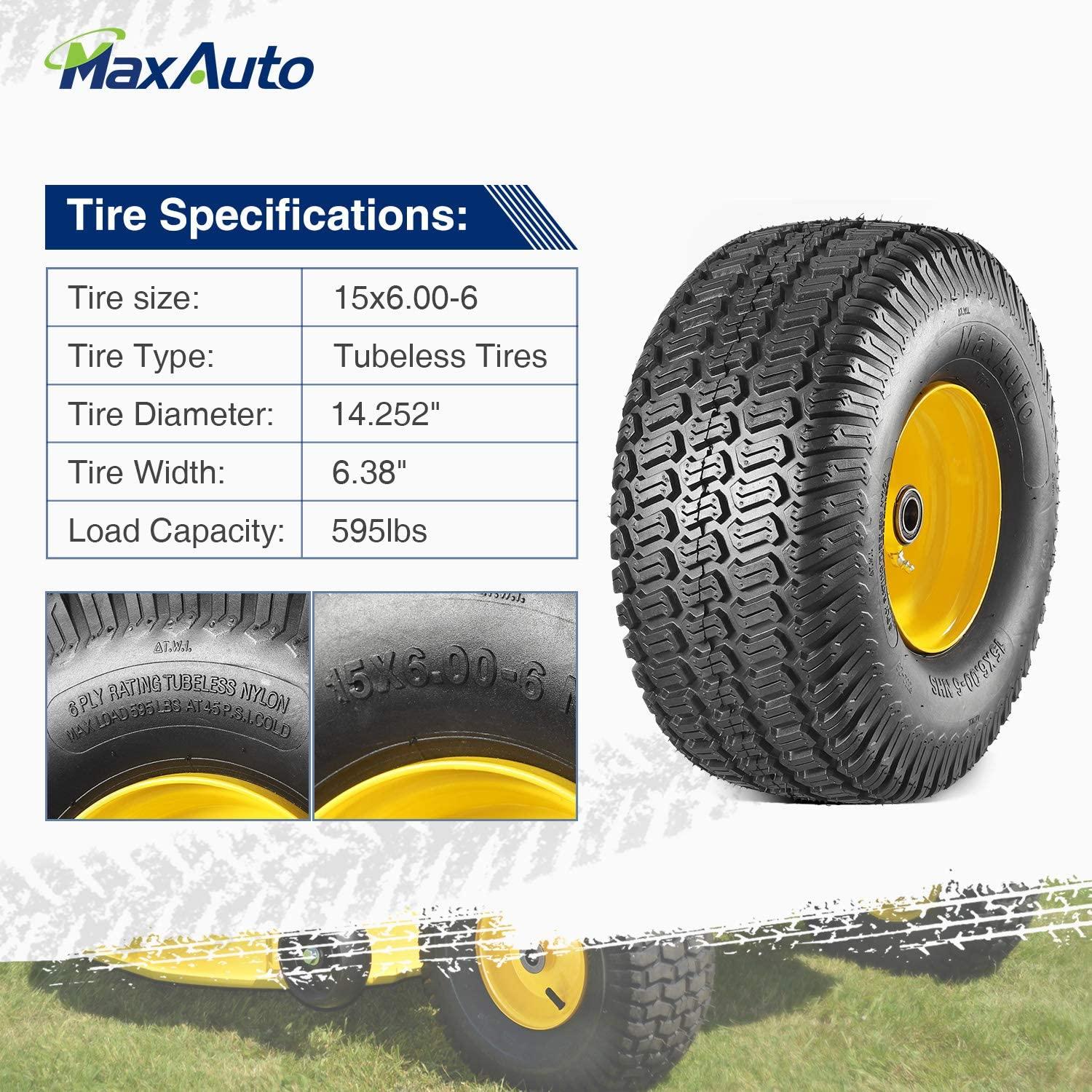 MaxAuto 2 Pcs Lawn Mower Tires 15x6.00-6 with Wheel for Riding Mowers, 3" Offset Hub Long with 3/4" bearings(WILL NOT FIT ON TRAILERS)