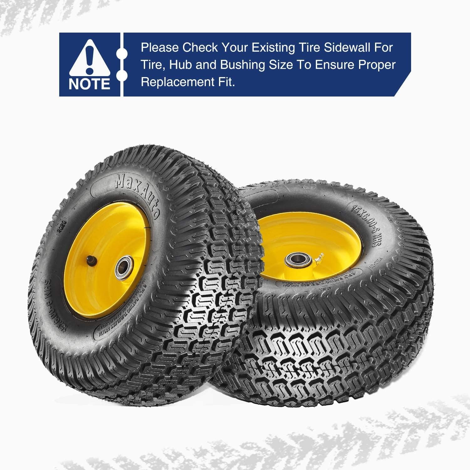 MaxAuto 2 Pcs Lawn Mower Tires 15x6.00-6 with Wheel for Riding Mowers, 3" Offset Hub Long with 3/4" bearings(WILL NOT FIT ON TRAILERS)