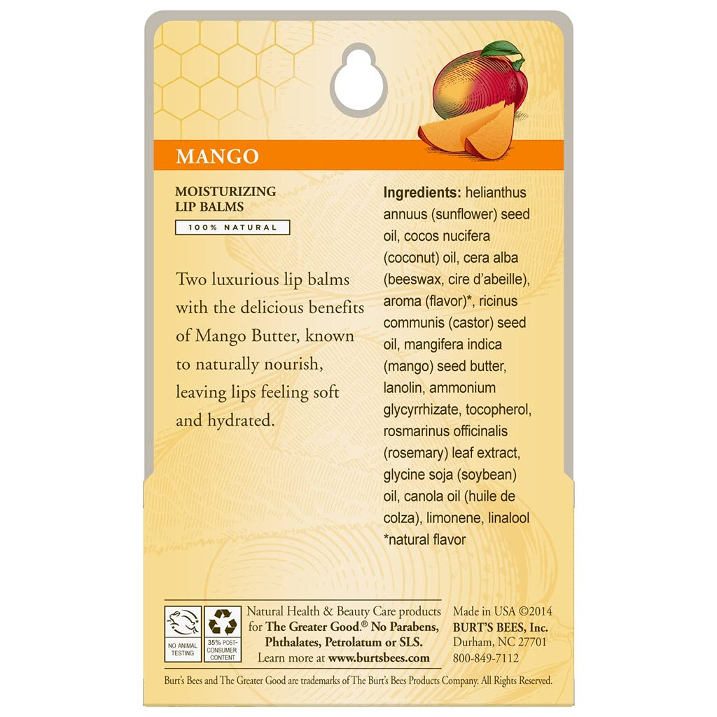 Burt's Bees Lip Balm, Moisturizing Lip Care, for All Day Hydration, 100% Natural, Mango (2 Pack)