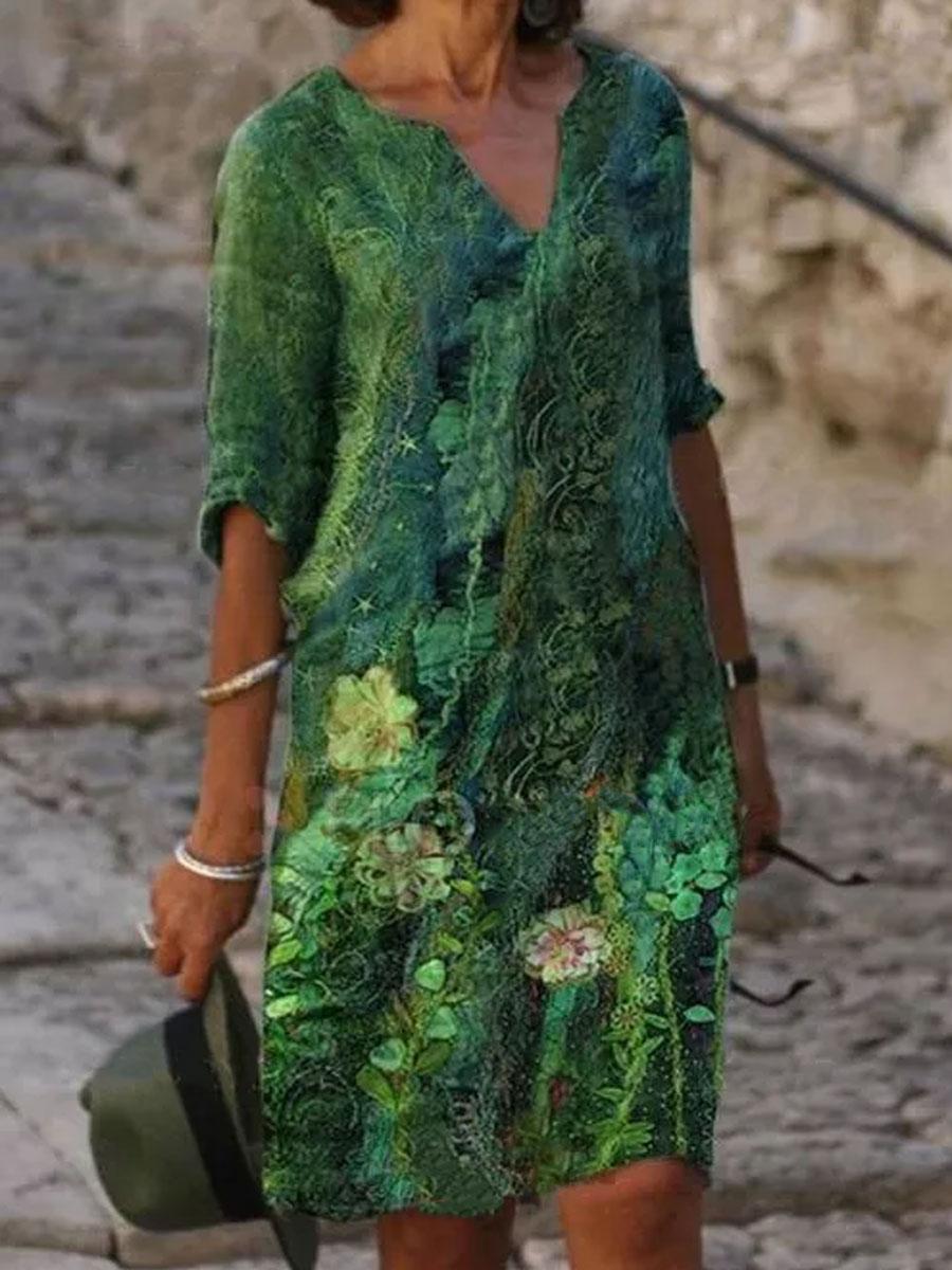 Women'S V-neck Floral Print Fashion Short Sleeve Shift Dress