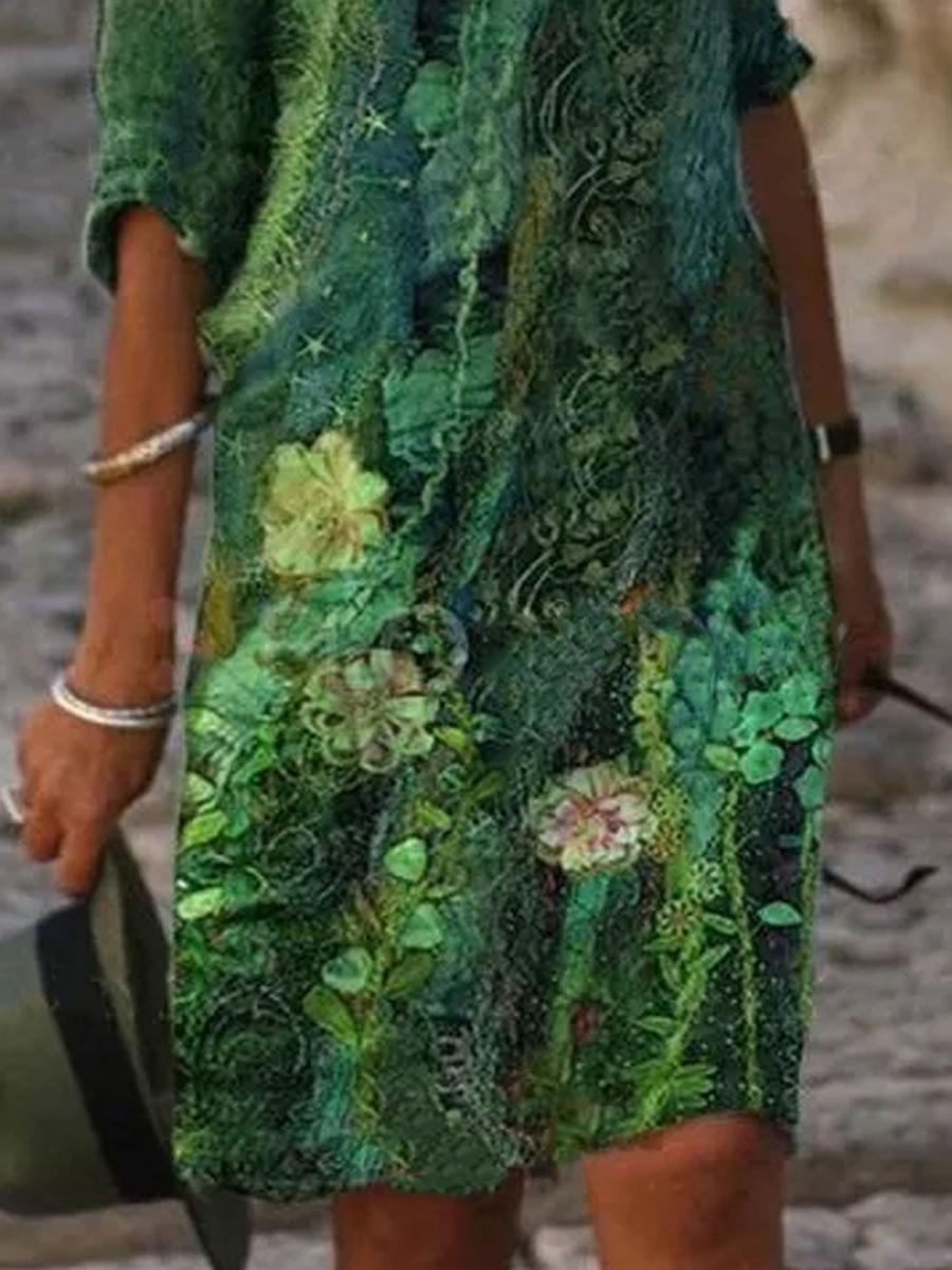 Women'S V-neck Floral Print Fashion Short Sleeve Shift Dress