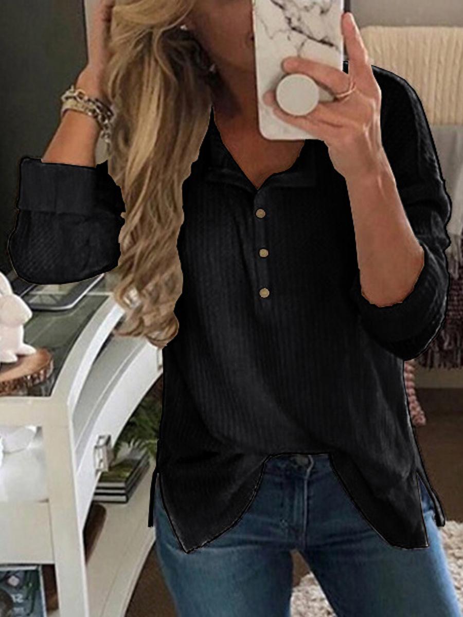Simple V-Neck Long-Sleeved Split T-Shirt