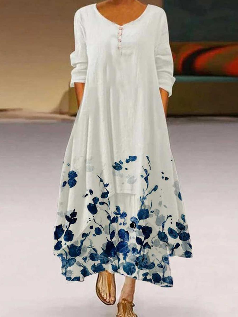 V-neck Loose Casual Floral Print Long Sleeve Maxi Dress