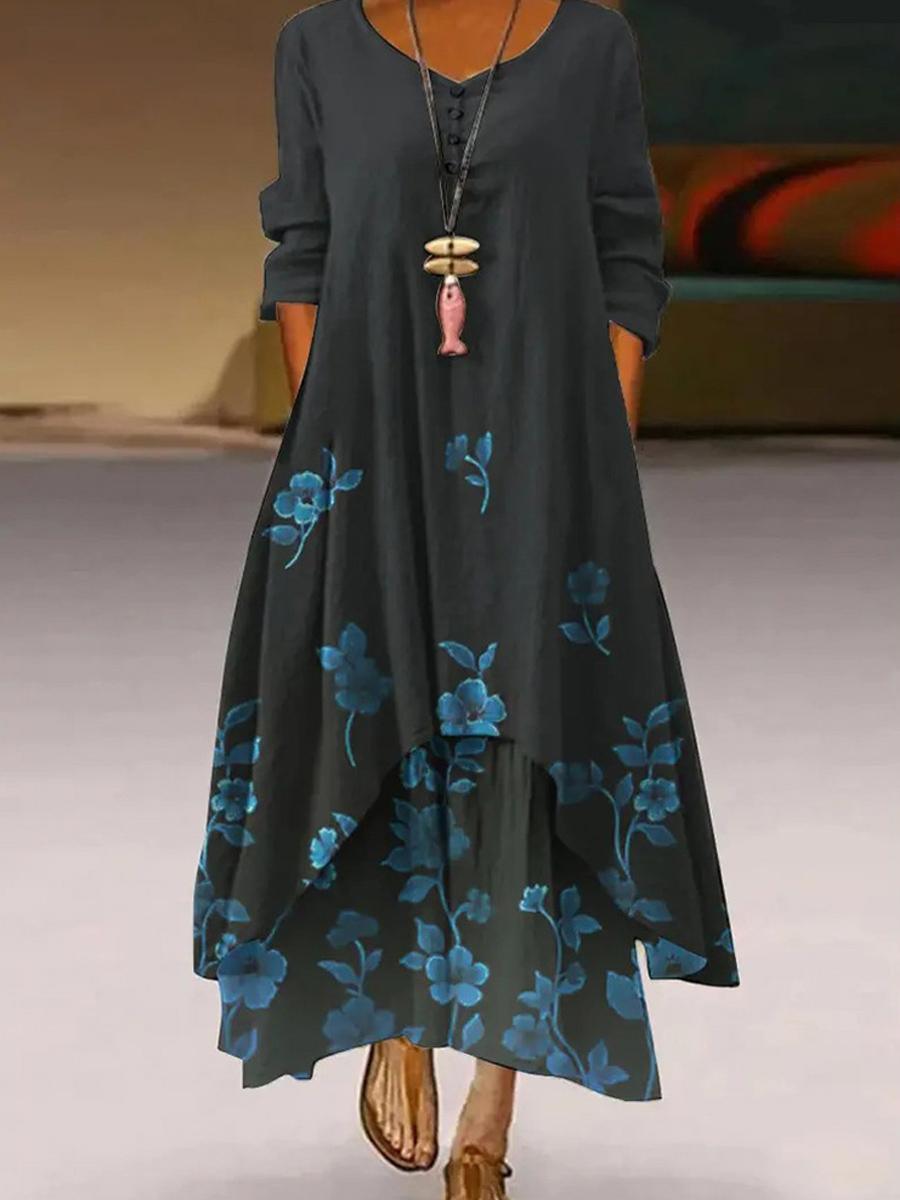 V-neck Loose Casual Floral Print Long Sleeve Maxi Dress