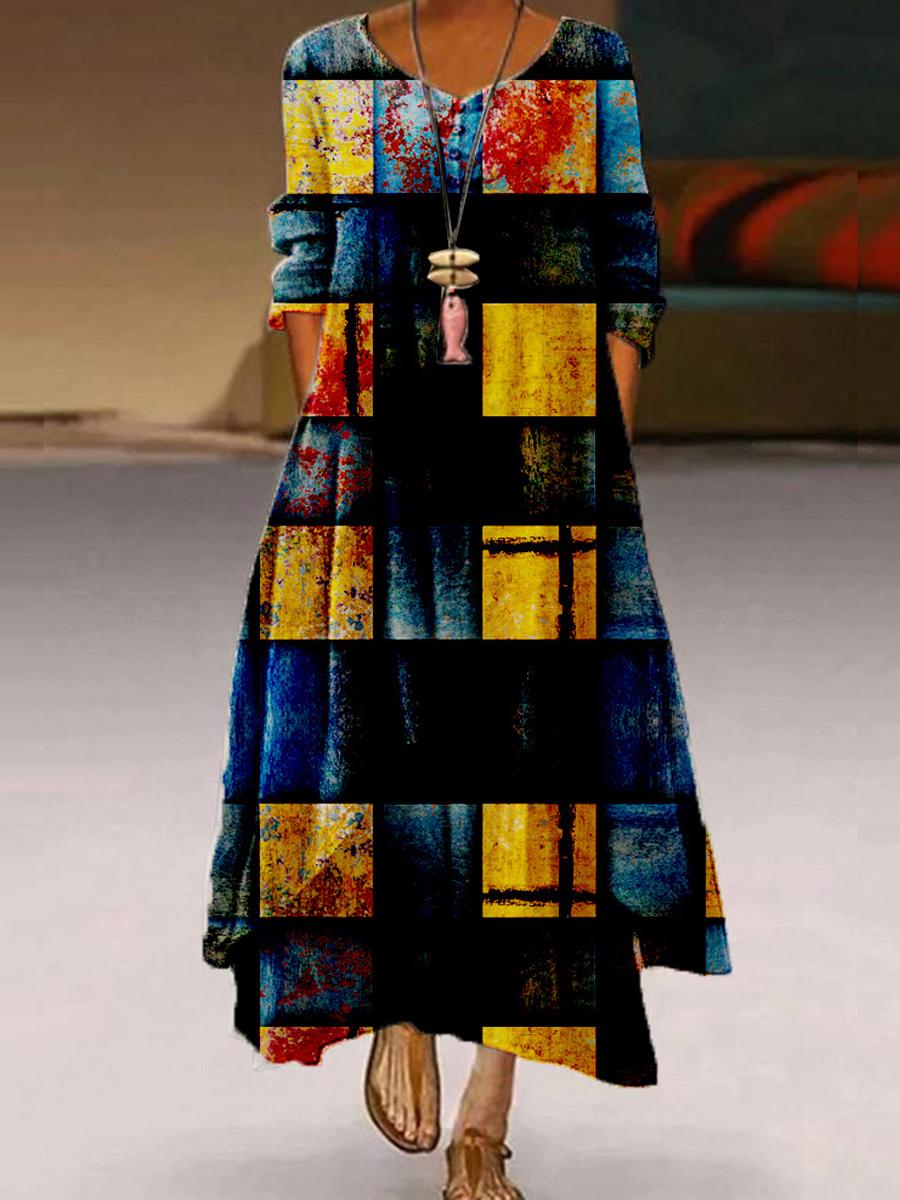 V-neck Loose Casual Floral Print Long Sleeve Maxi Dress