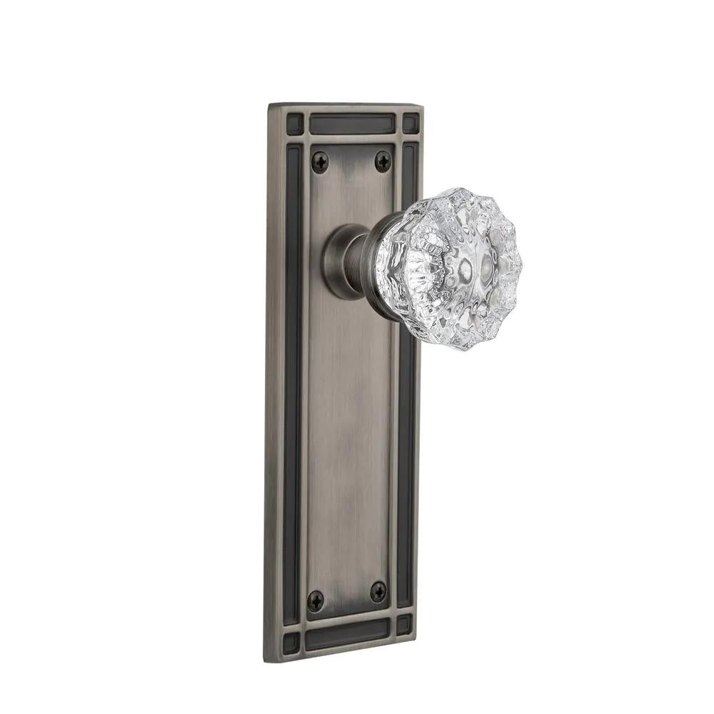 Mission Plate Double Dummy Crystal Glass Door Knob in Antique Pewter