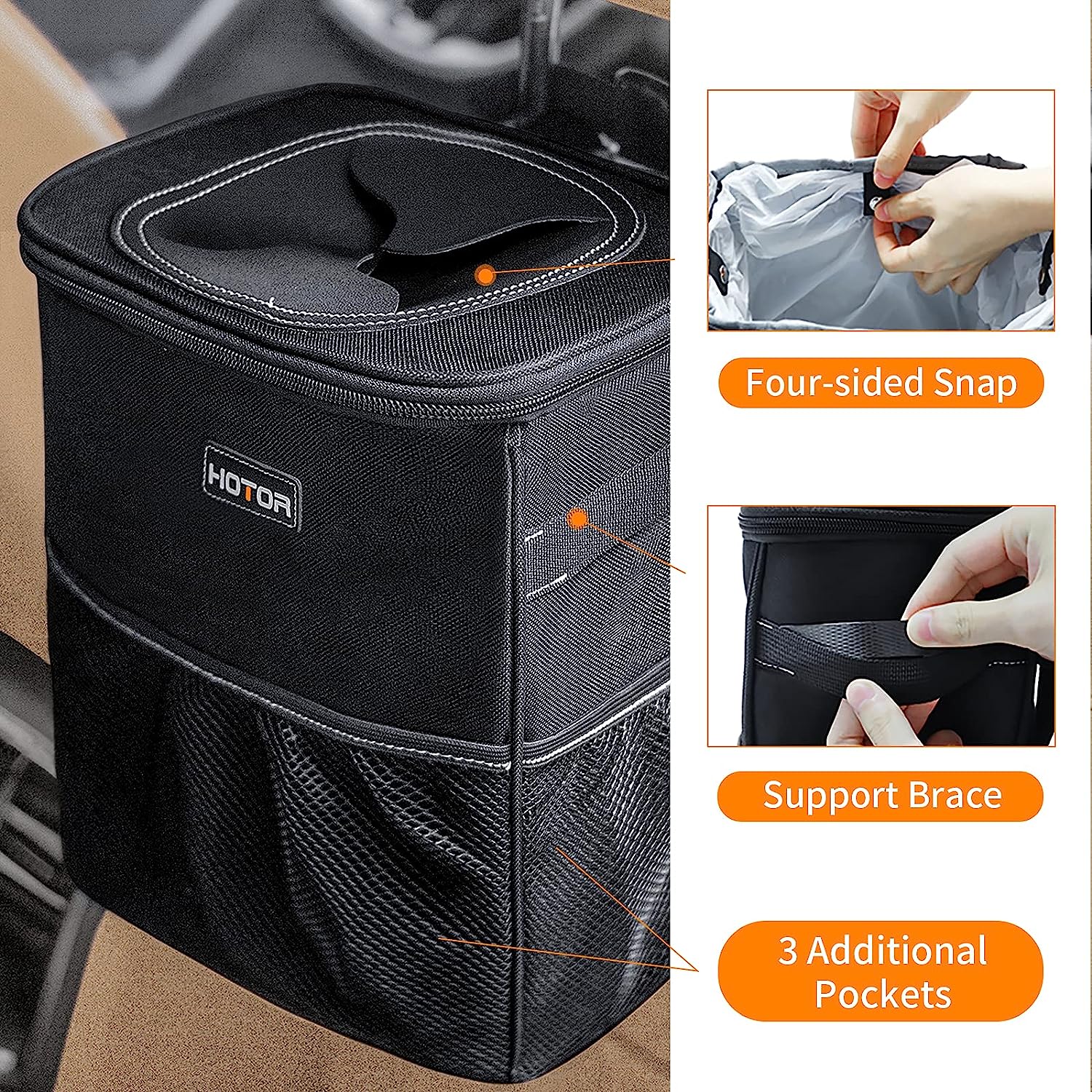 HOTOR 3 Gallons Car Trash Can, Ultra Large Capacity Car Organizer and Storage with Adjustable Straps &amp; Magnetic Snaps, Waterproof Car Accessory for Interior Car Stuff Storage (Black)