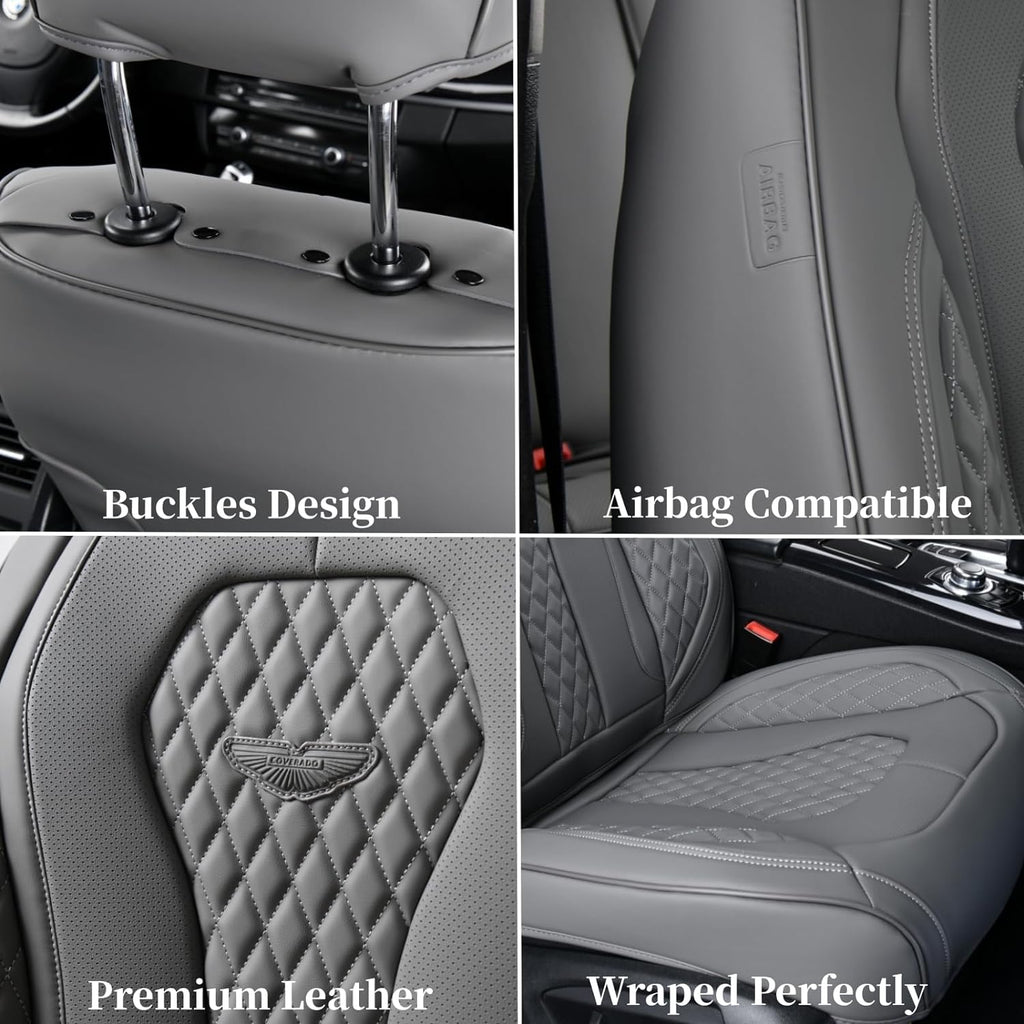 Coverado Leather Seat Covers Full Set, 5 Seats Universal Seat Covers for Cars, Waterproof Luxury Leatherette Seat Cushions, Front and Rear Seat Protectors, Auto Seat Covers Fit for Most Vehicles Gray