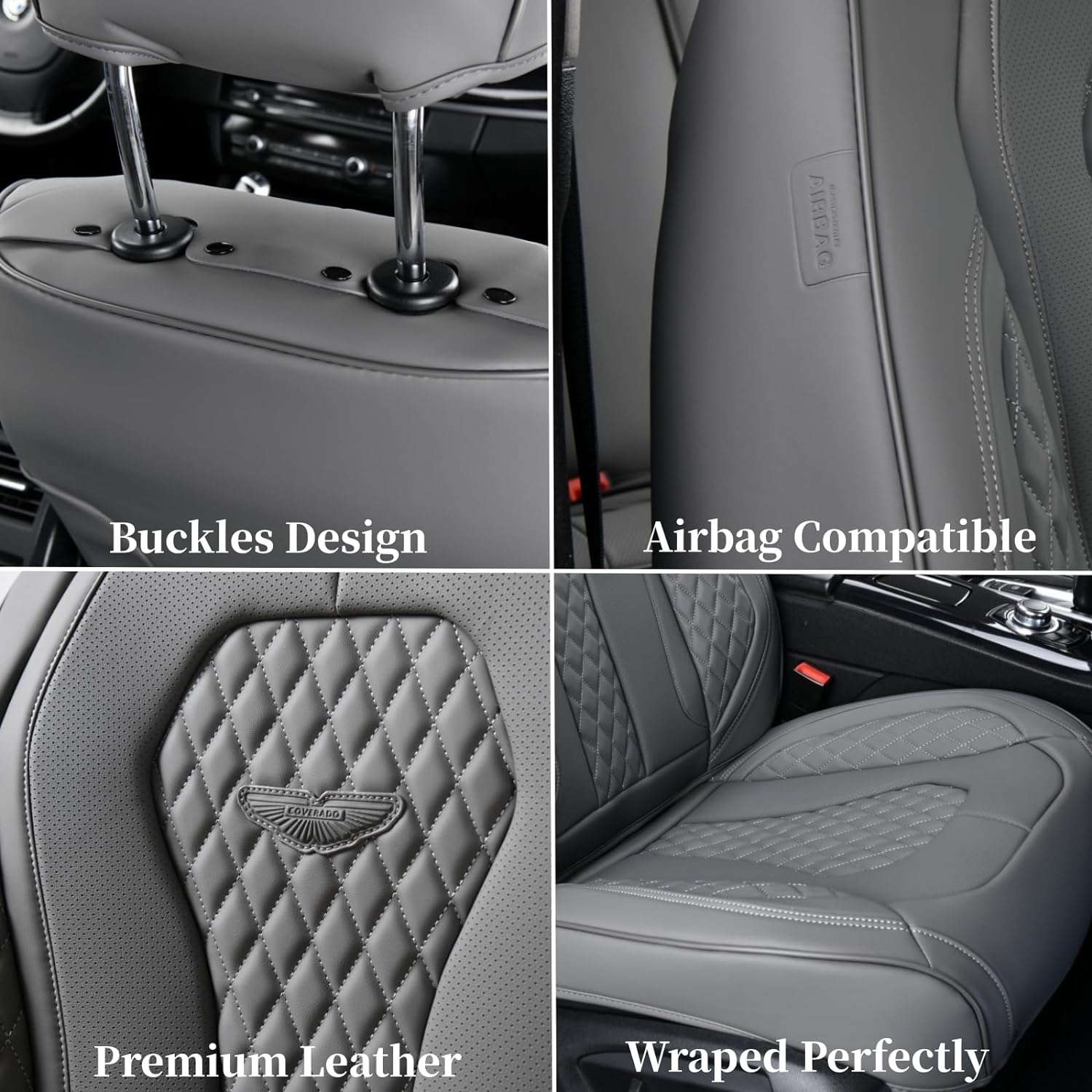 Coverado Leather Seat Covers Full Set, 5 Seats Universal Seat Covers for Cars, Waterproof Luxury Leatherette Seat Cushions, Front and Rear Seat Protectors, Auto Seat Covers Fit for Most Vehicles Gray