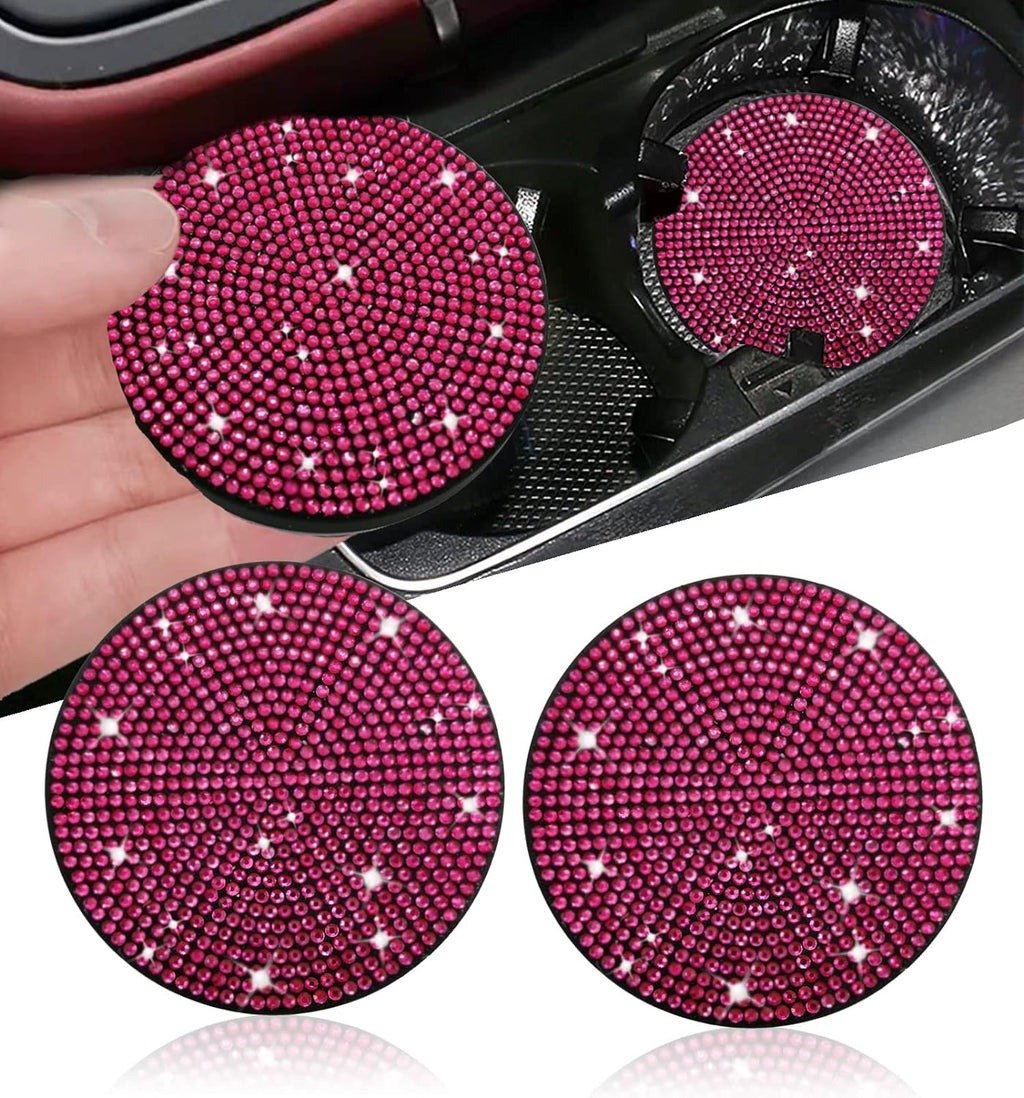 2pcs Bling Car Cup Holder Coaster, 2.75 inch Anti-Slip Shockproof Universal Fashion Vehicle Car Coasters Insert Bling Rhinestone Auto Automotive Interior Accessories for Women (2 pcs, Rose Red)