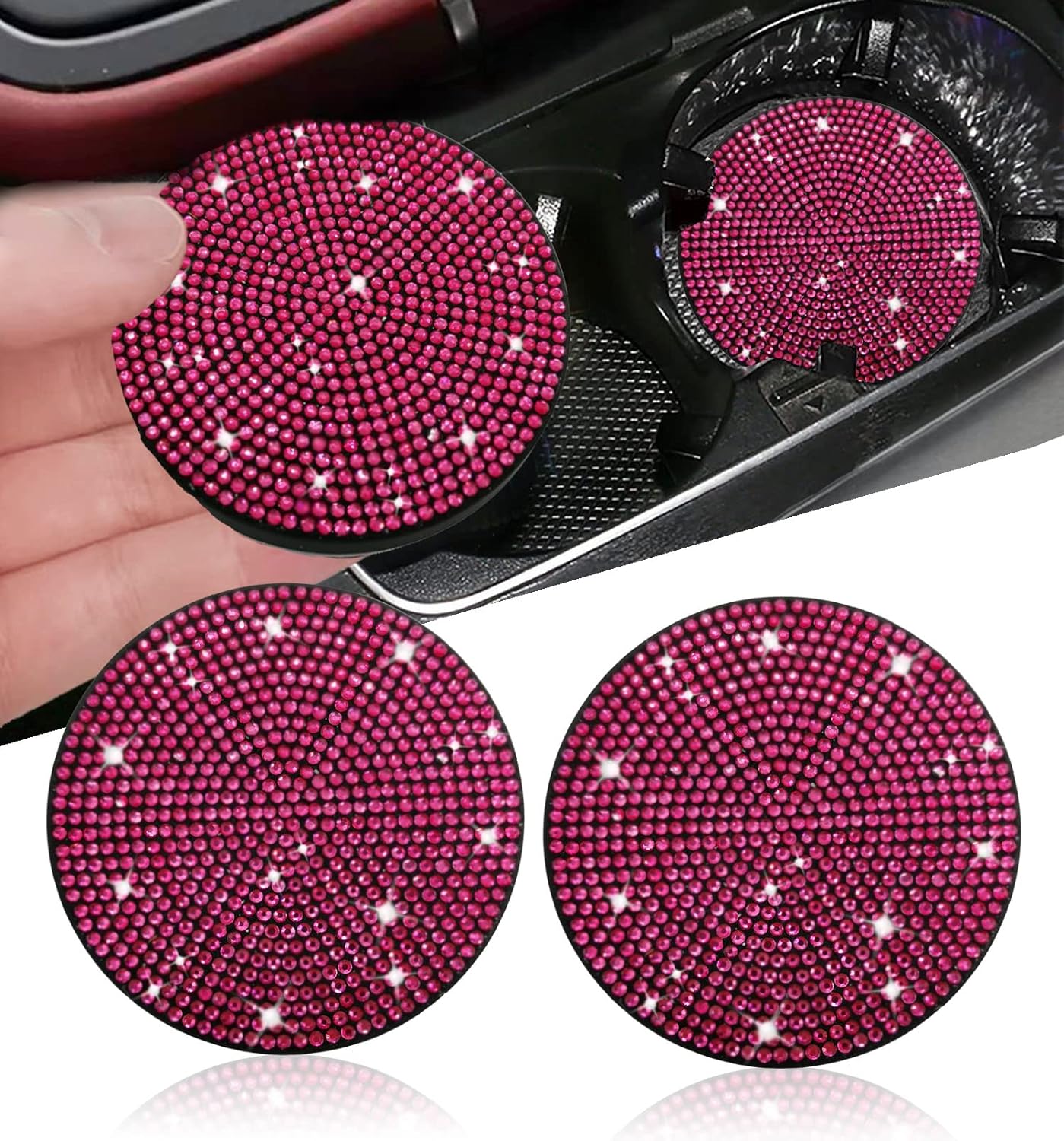 2pcs Bling Car Cup Holder Coaster, 2.75 inch Anti-Slip Shockproof Universal Fashion Vehicle Car Coasters Insert Bling Rhinestone Auto Automotive Interior Accessories for Women (2 pcs, Rose Red)