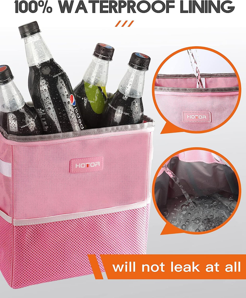 HOTOR Car Trash Can, 3-Gallon Ultra-Large Car Garbage Can, 100% Leakproof &amp; Waterproof Trash Can for Car, Multipurpose Car Trash Bin with Adjustable Straps, Magnetic Buckles, Mesh Pockets (Pink)