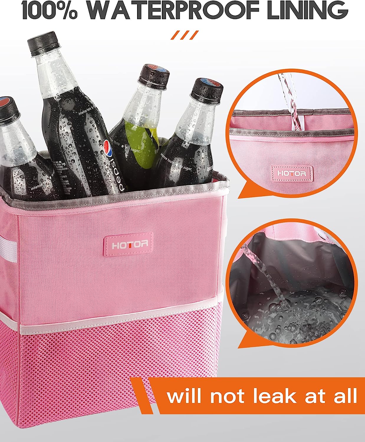 HOTOR Car Trash Can, 3-Gallon Ultra-Large Car Garbage Can, 100% Leakproof &amp; Waterproof Trash Can for Car, Multipurpose Car Trash Bin with Adjustable Straps, Magnetic Buckles, Mesh Pockets (Pink)